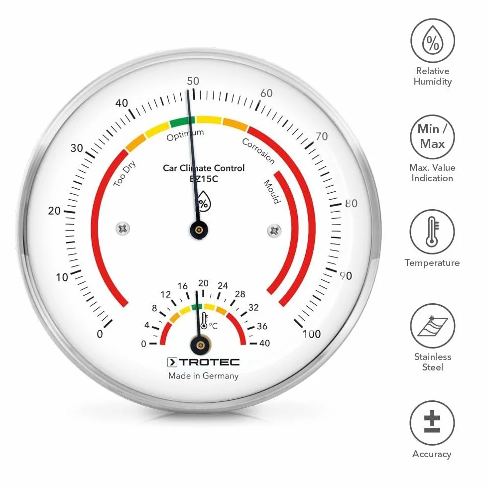 TROTEC BZ15C Termohigrometr ilustruje parametry klimatyczne w garażu mieszczącym pojazdy zabytkowe