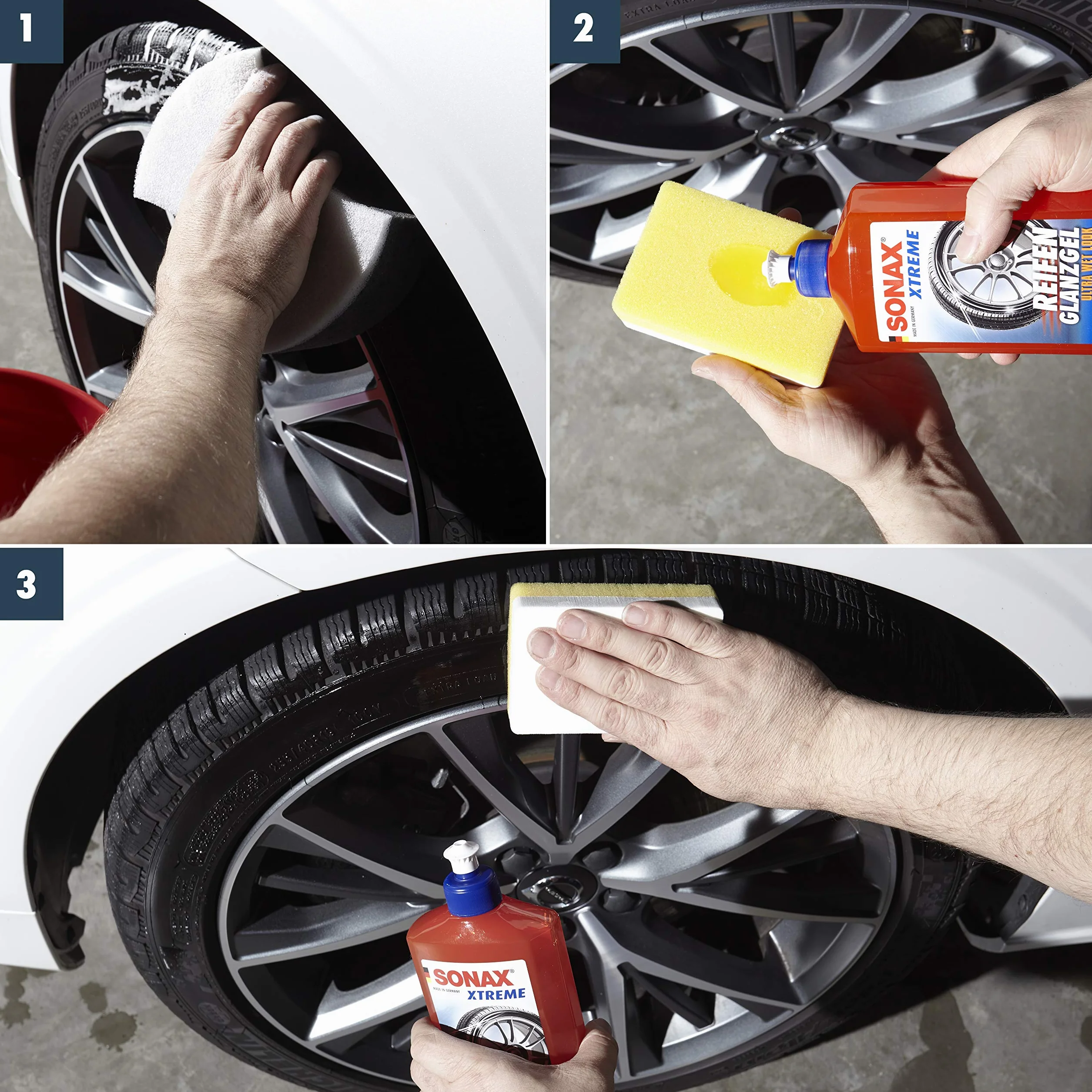 SONAX XTREME żel do polerowania opon (500 ml) pielęgnuje i chroni gumę i opony przed pękaniem i blaknięciem koloru, długotrwały połysk opon | nr art. 02352410