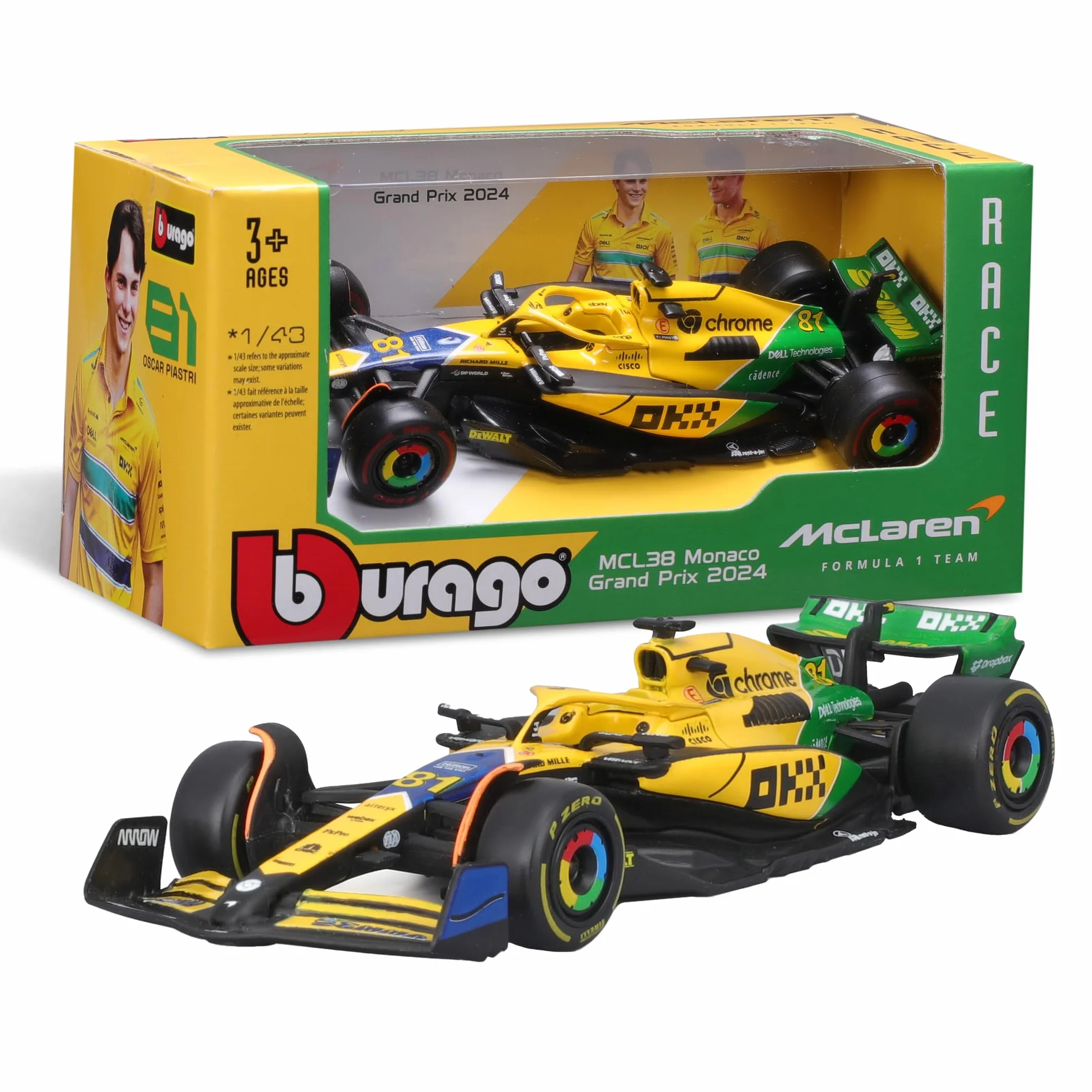 Bburago - McLaren MCL38 Monaco GP 2024 Senna Livery Skala 1:43, Diecast Replica Szczegółowy losowy asortyment Norris lub Piastri, Ayrton Senna Tribute Edition
