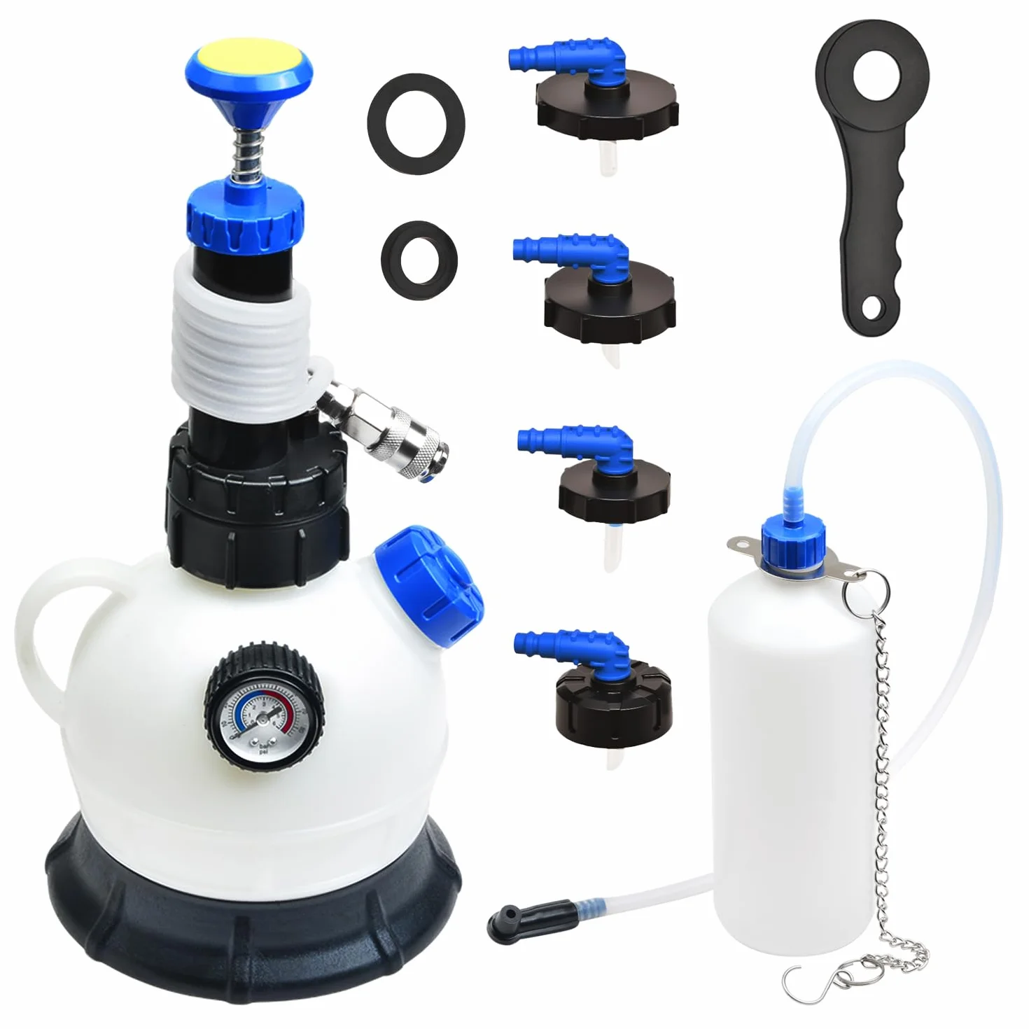 Zestaw do odpowietrzania hamulców 2 l + 1 l z 4 adapterami cylindra głównego, niskoprofilowe kolano 90° do ciasnych wnęk silnika, ręczna pompa do odpowietrzania płynu hamulcowego i narzędzie
