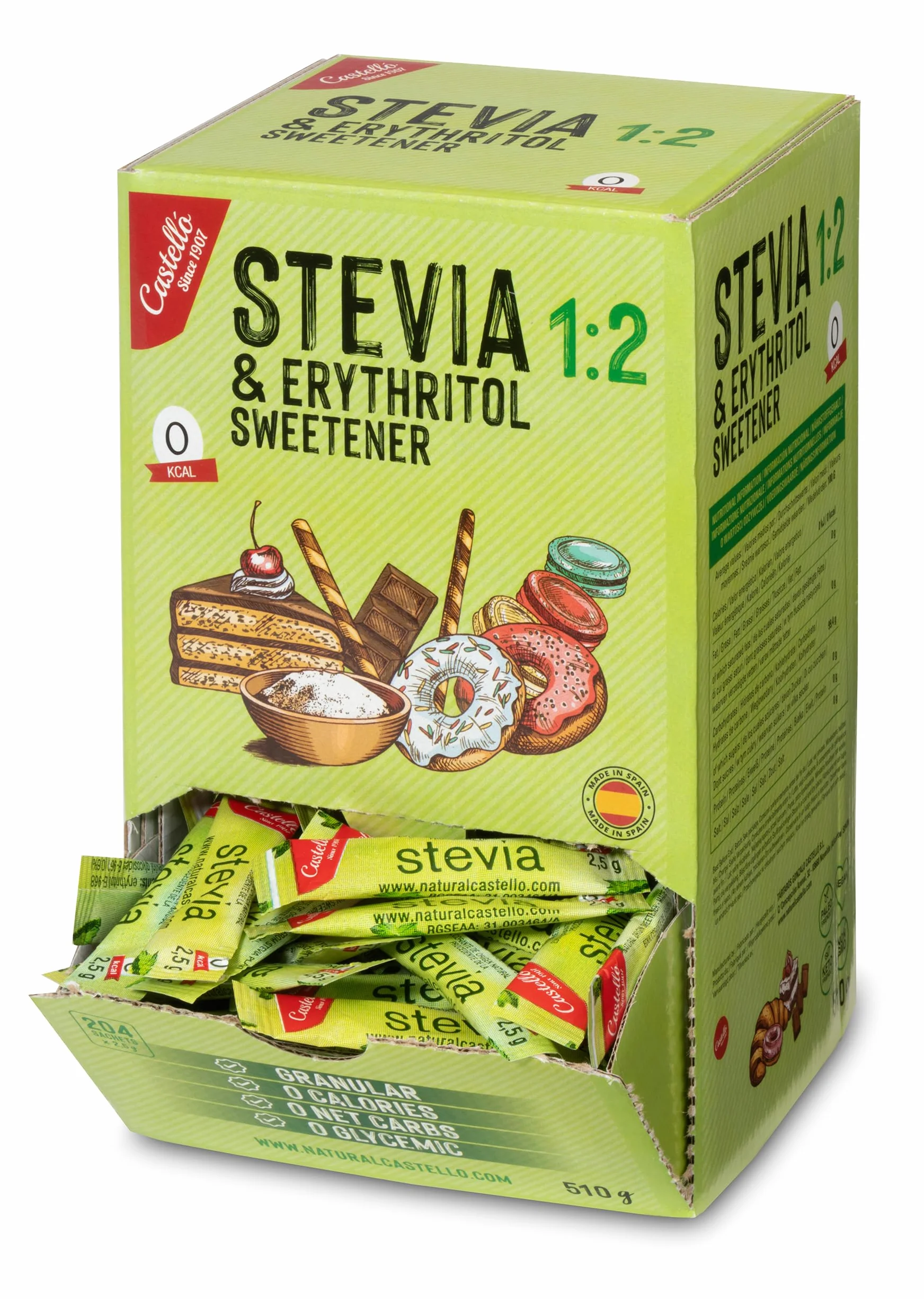 Castello Słodzik Stevia Erytrytol 1:2 204 saszetki 2,5g 0 Kalorii Keto Paleo Bez GMO
