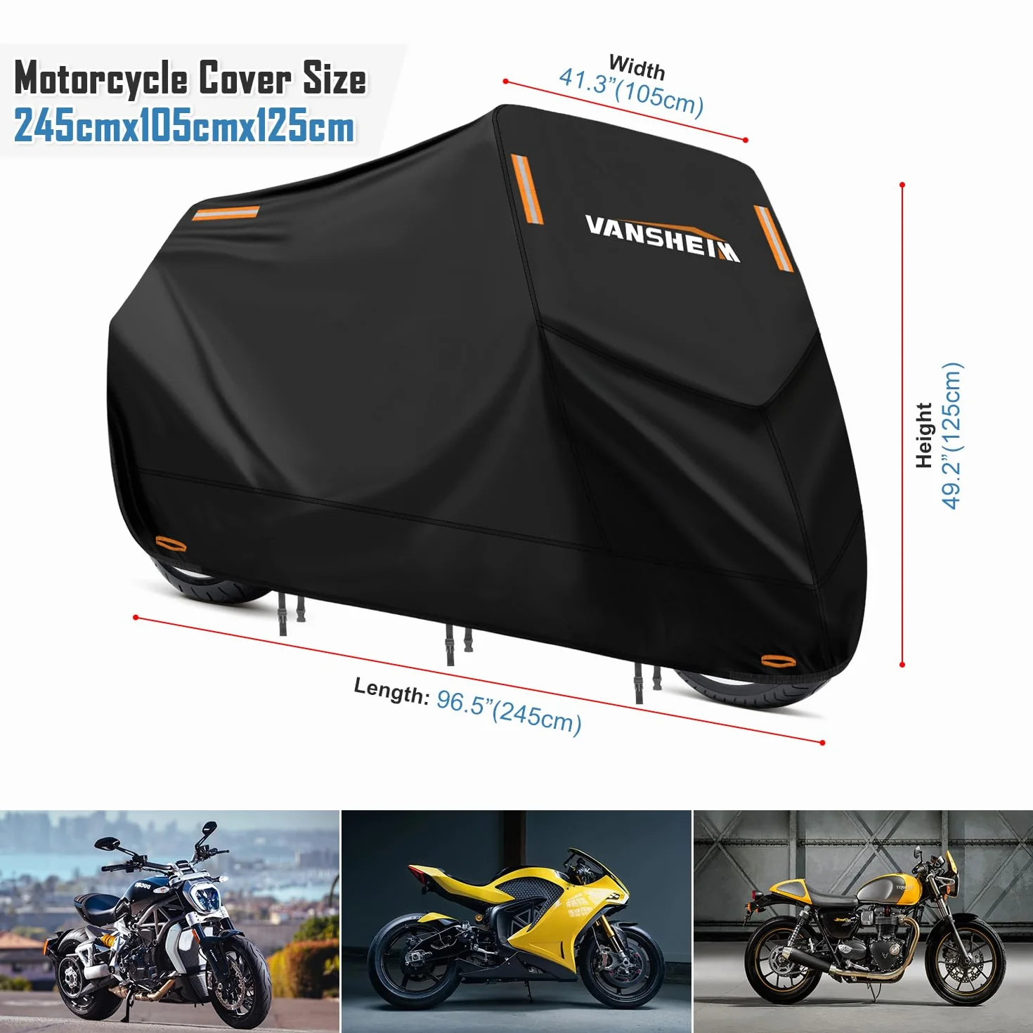 VANSHEIM Pokrowiec na motocykl, wodoodporny Pokrowiec na motocykl na zewnątrz, tkanina Oxford 420D, Pokrowiec na motorower do użytku wewnątrz, wodoodporny, wiatroszczelny Pokrowiec na moped, Pokrowiec