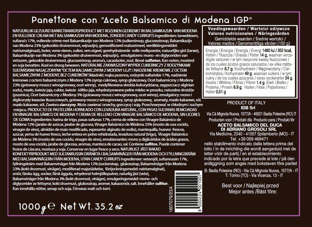 Panettone z "Ocetem balsamicznym z Modeny ChOG" del Duca - Ciasto świąteczne - miękkie ciasto i nadzienie balsamiczne - 1 kg - eleganckie opakowanie