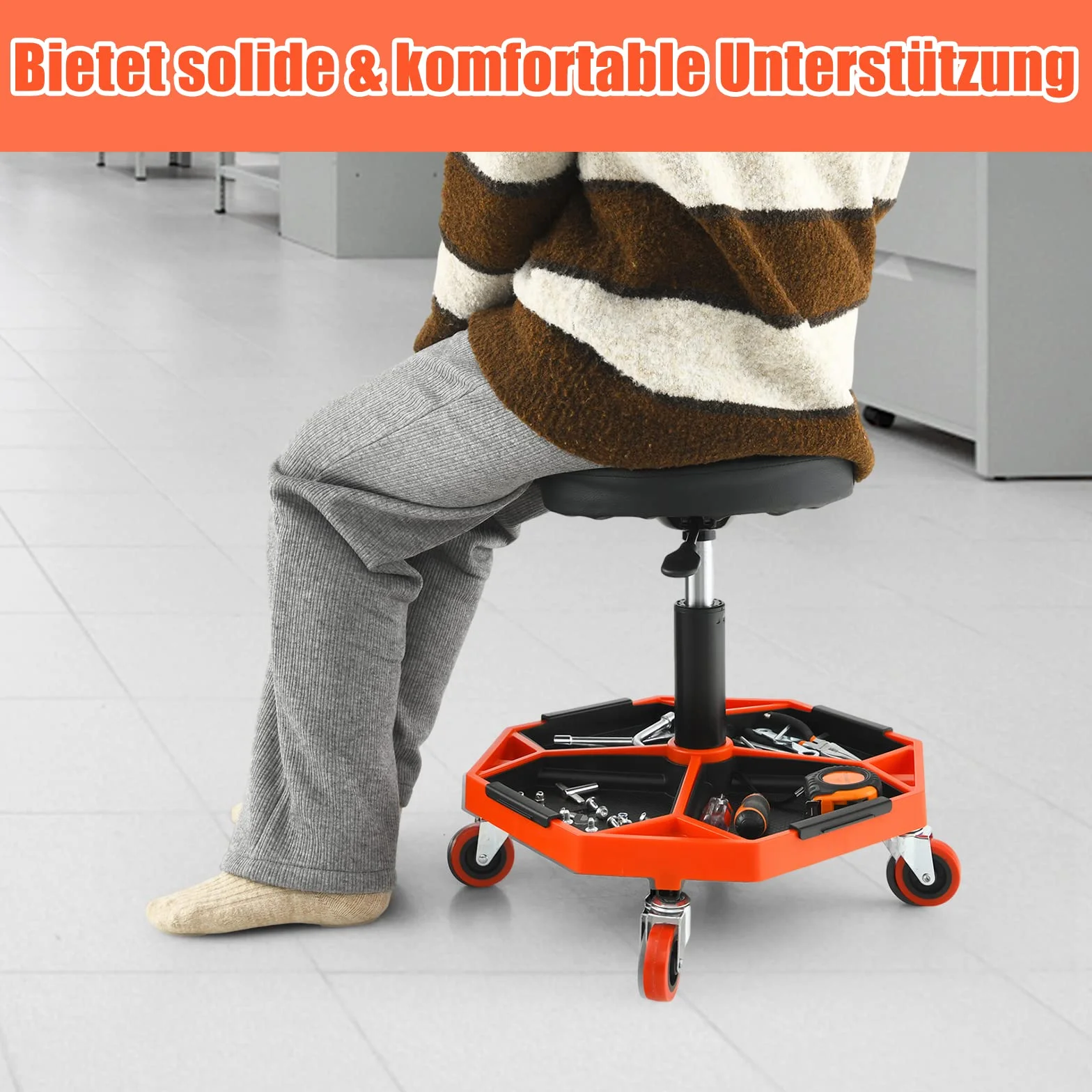 GOPLUS Taboret warsztatowy 41-56 cm z regulacją wysokości, taboret na kółkach z półką na narzędzia i 4 uniwersalnymi kółkami, funkcjonalny taboret roboczy do garażu, warsztatu naprawczego, maks.