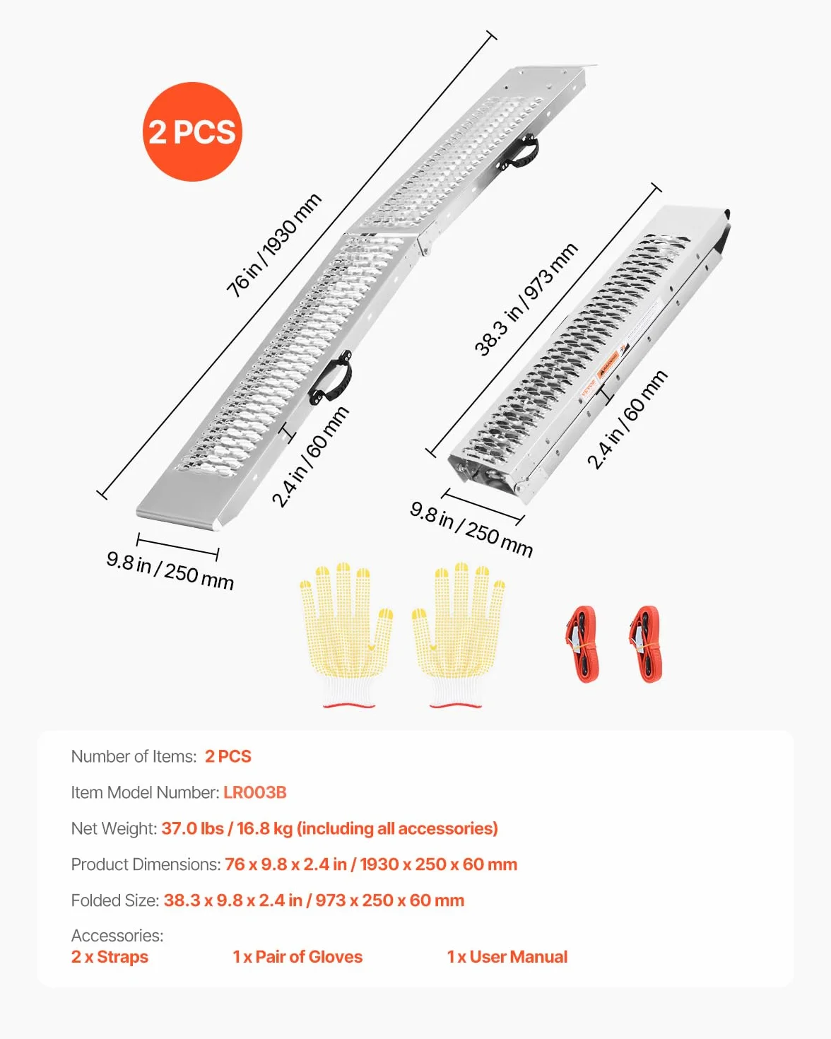 VEVOR 453 kg, 2 szt. wytrzymała szersza powierzchnia, uniwersalna stabilna rampa załadunkowa z uchwytami, pasuje do ATV, UTV, motocykla, roweru elektrycznego itp., srebrna, 1930 x 250 x 60 mm