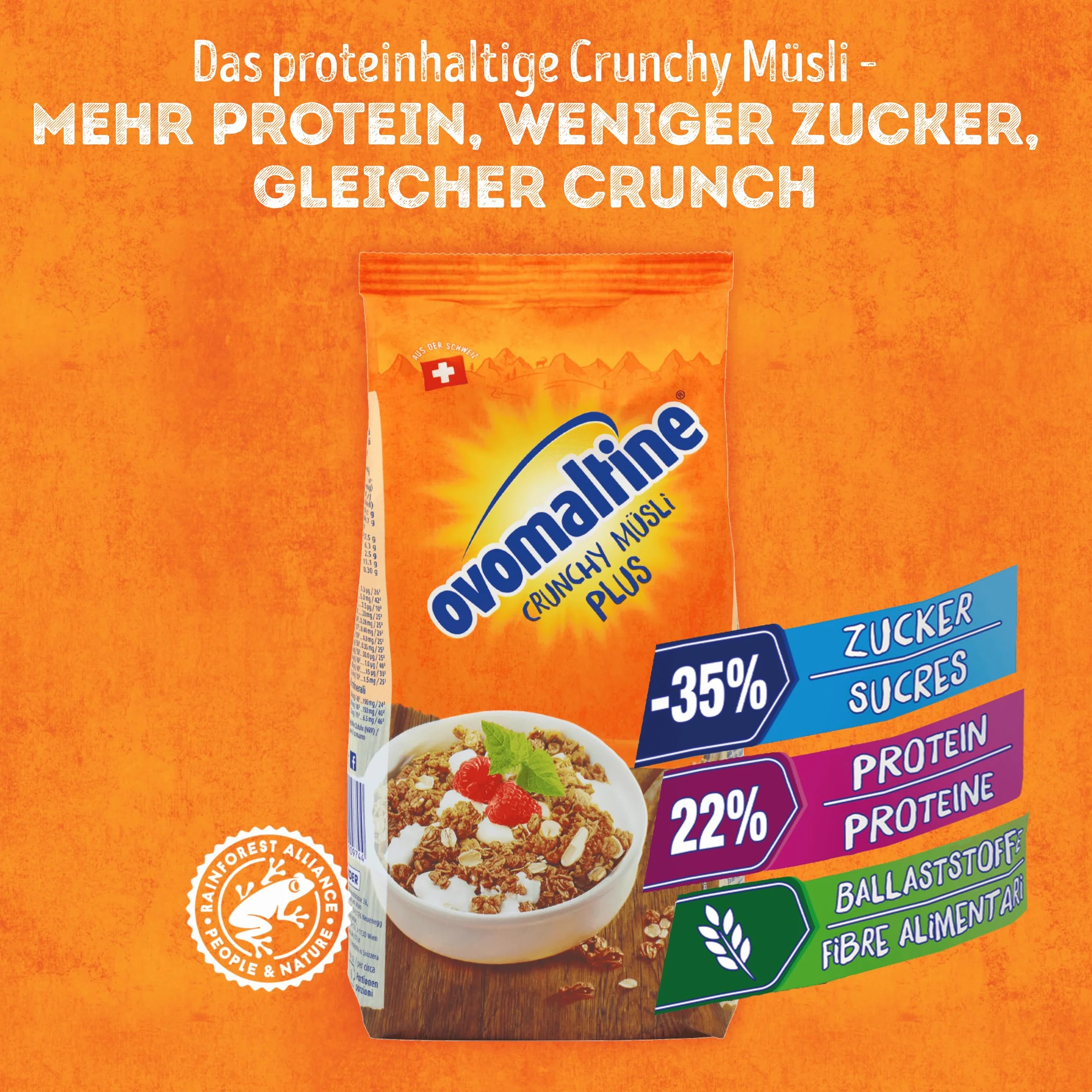Ovomaltine Crunchy Protein Müsli Plus – chrupiące z płatkami owsianymi, 22% białka, 1 x 300 g