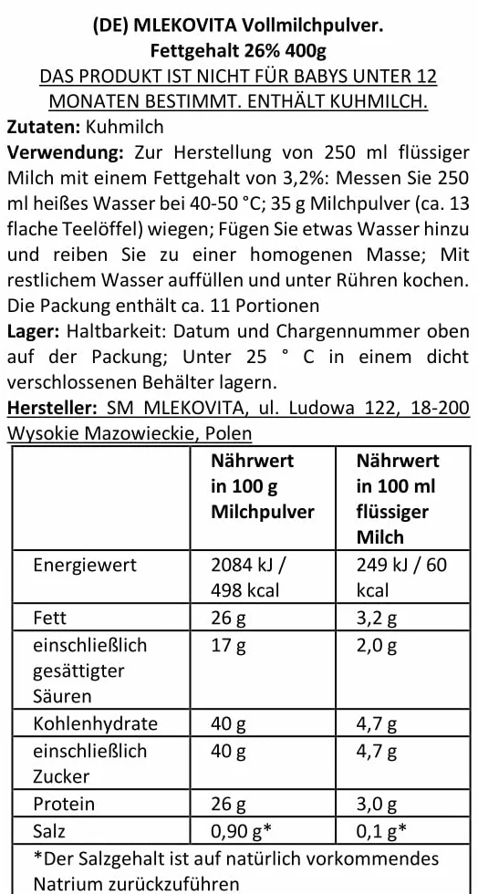 Mlekovita Pełne mleko w proszku 26% tłuszczu 400 g x 3 zestaw z łyżeczką 16 cm
