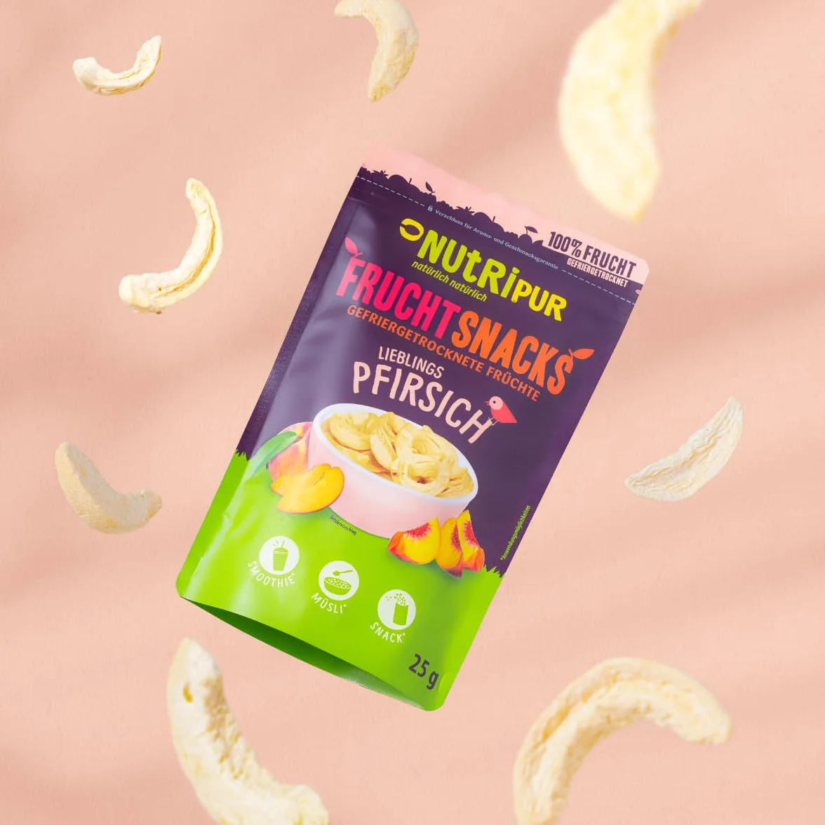 Brzoskwinia liofilizowana 100 g: suszone plastry brzoskwini bez cukru - liofilizowane owoce z czystym owocem, pełny smak: jagody liofilizowane - suszone owoce NUTRIPUR