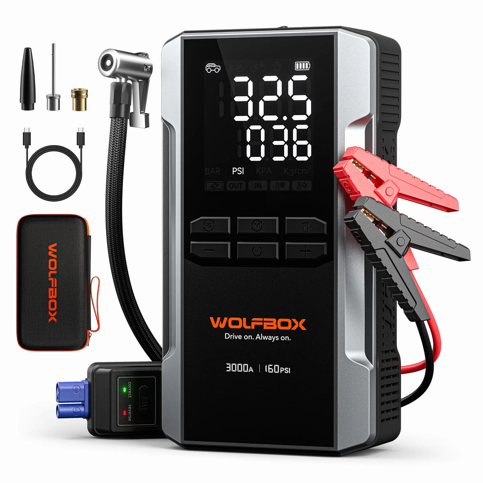 WOLFBOX Rozrusznik skokowy 3000 A 16000 mAh 160 PSI 65 W 12 V z sprężarką powietrza