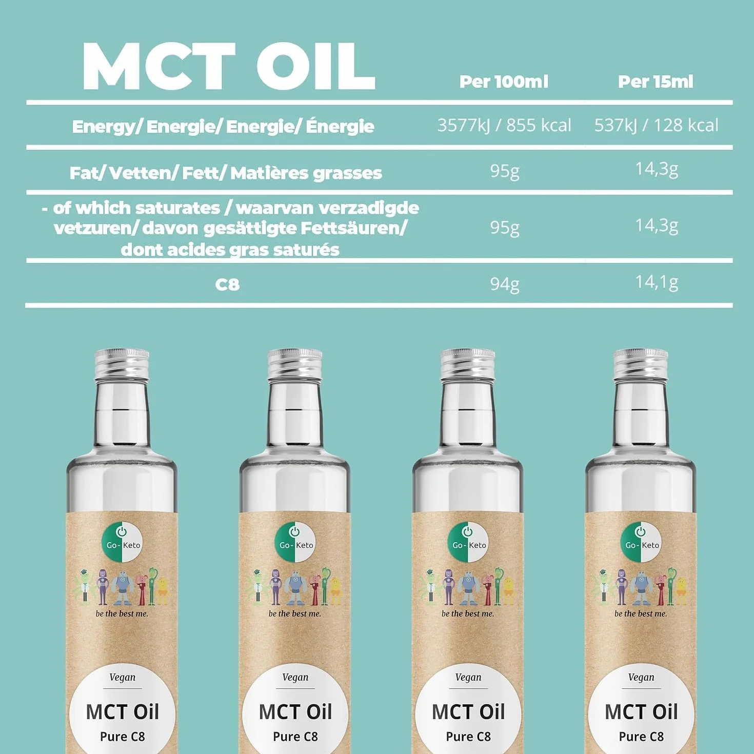Go-Keto MCT Oil C8, 500 ml | Olej MCT C8, 100% olej kokosowy bez oleju palmowego | idealny do diety keto | idealny do kawy Bulletproof Coffee lub keto shake'a | wegański, no sugar