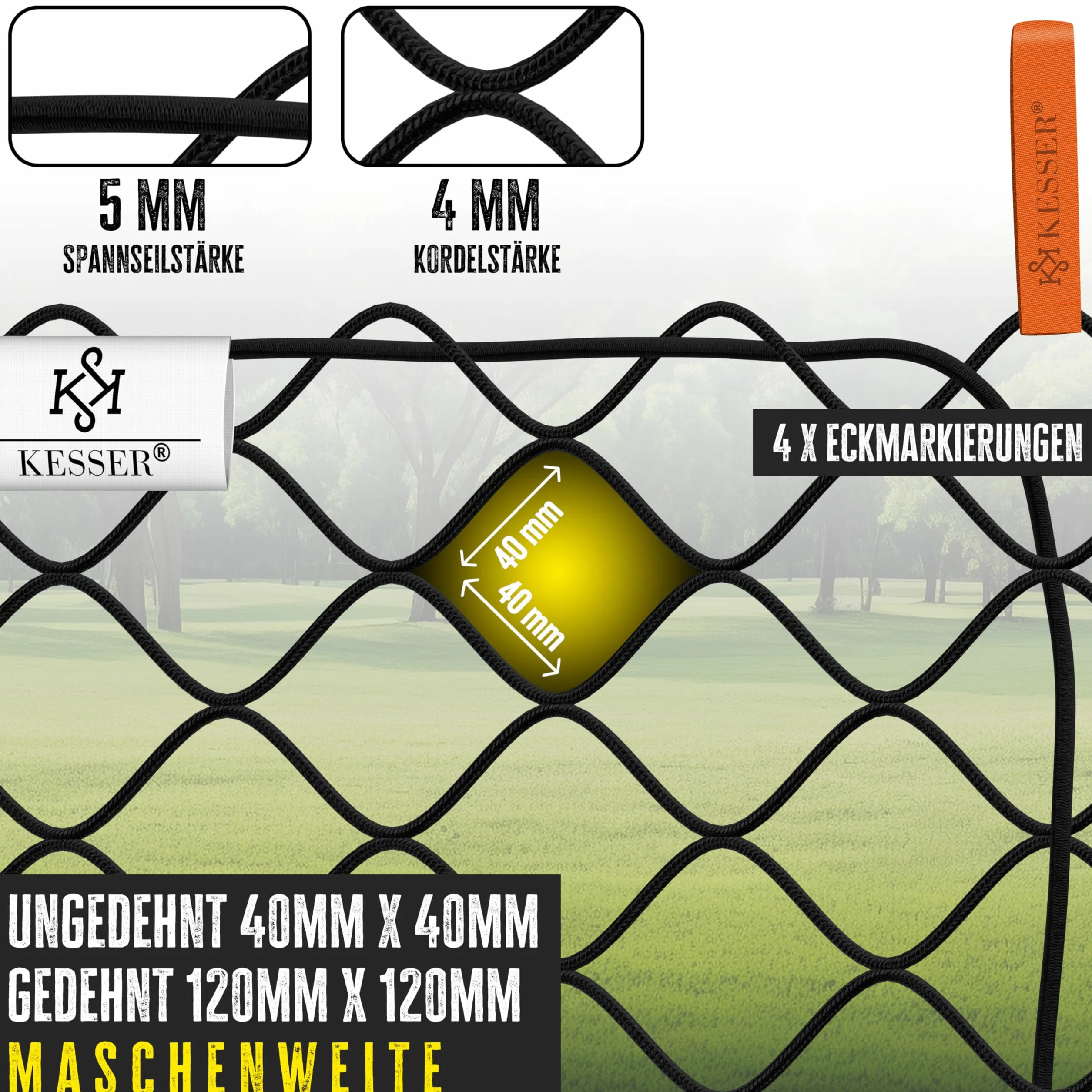KESSER Siatka na przyczepę 1,5 x 2,7 m, rozciągliwa, drobna siatka do zawieszania z linką napinającą i sznurkiem do zabezpieczenia ładunku, elastyczna siatka zabezpieczająca, znaczniki narożne, haki