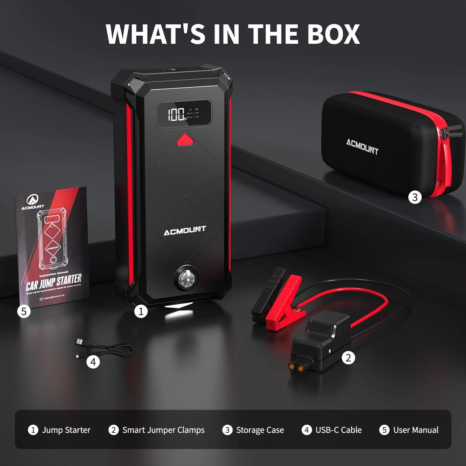 Acmount Powerbank Rozruchowy, 7000A Samochodowy Powerbank Rozruchowy do Osobowych, Rozrusznik (Do 12L Benzyna/10L Diesel), Booster Baterii z Latarką LED, Kablami Rozruchowymi, USB i Kompasem