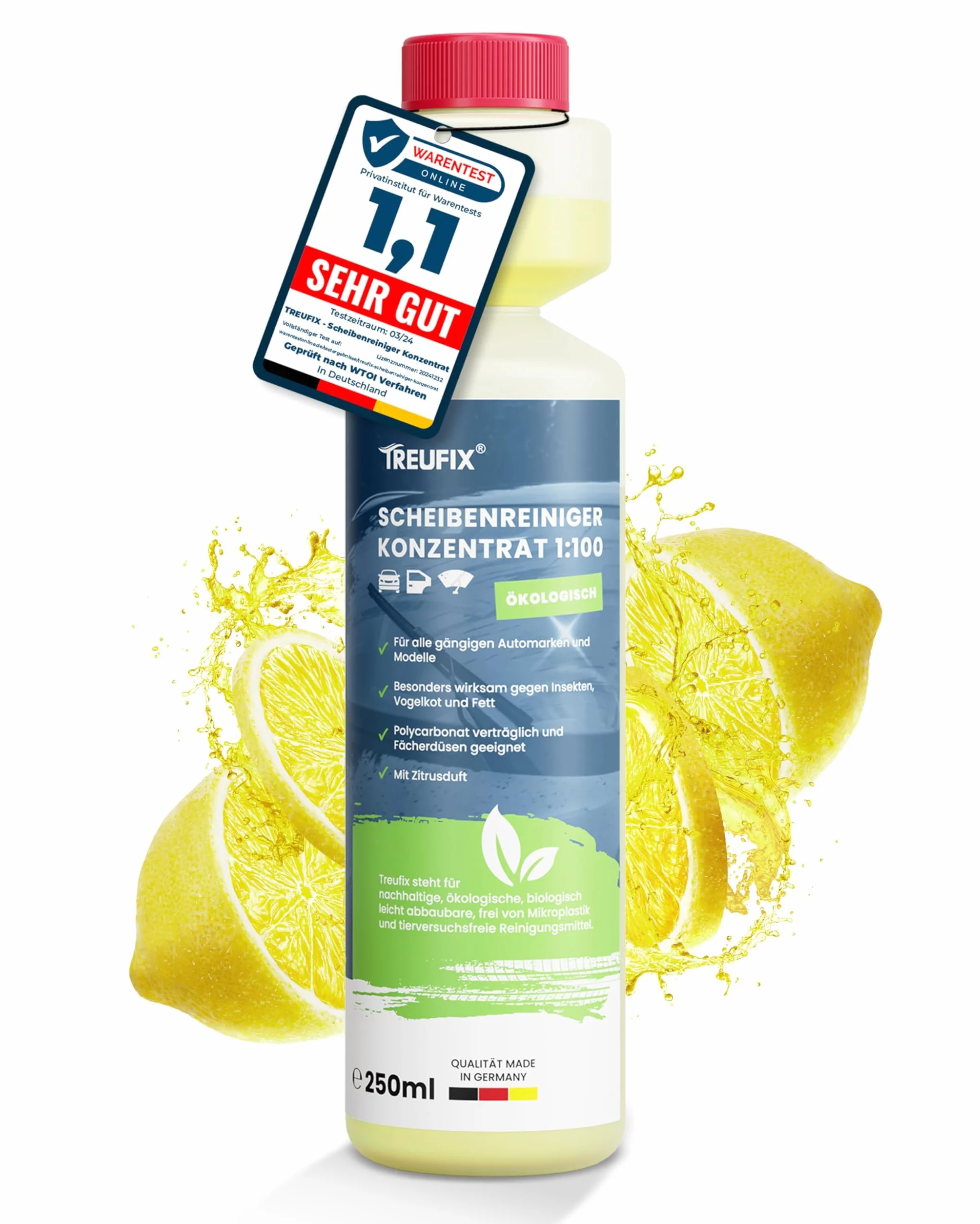 Treufix Koncentrat płynu do spryskiwaczy 250ml Premium środek do czyszczenia szyb samochodowych do wszystkich systemów spryskiwaczy szyb i systemów czyszczenia reflektorów dla maksymalnej widoczności