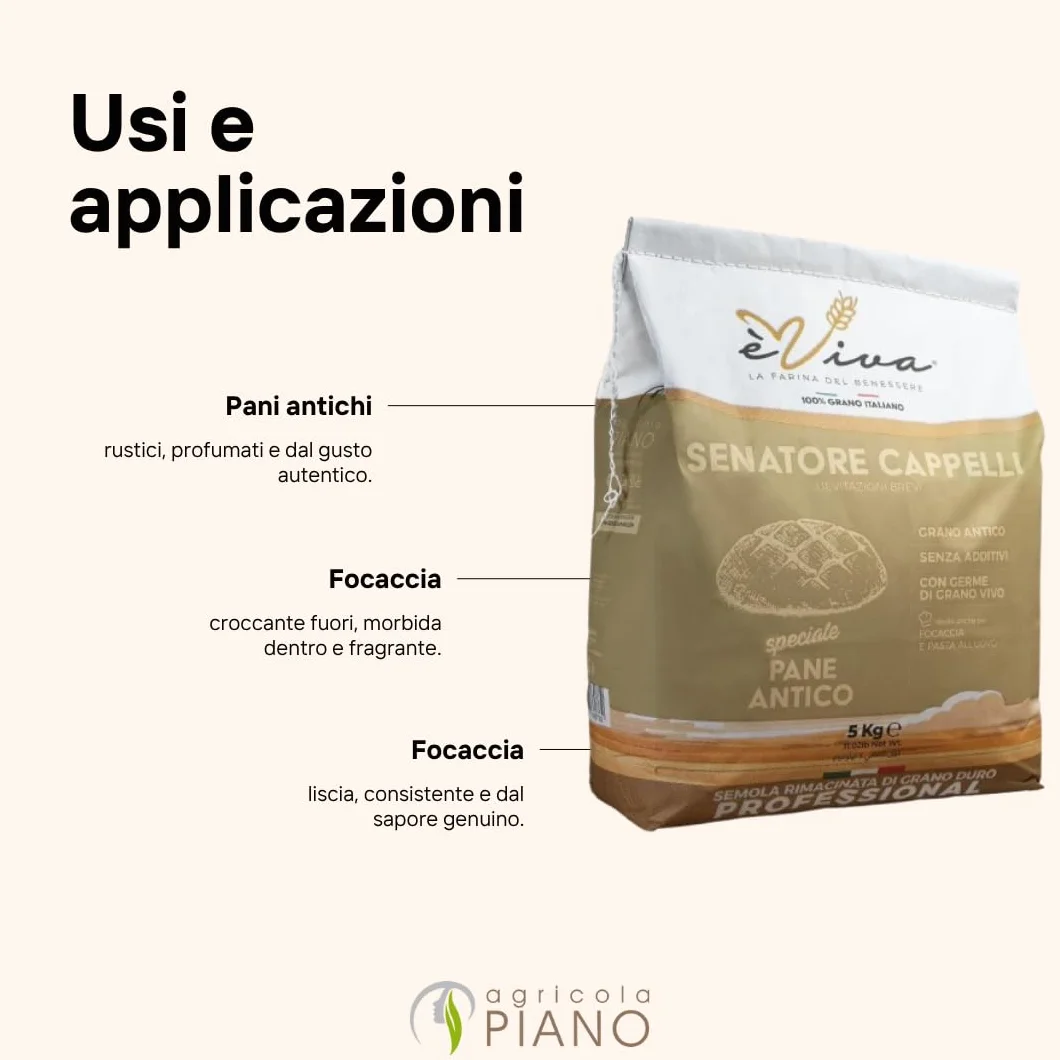 Agricola Piano - Senatore Cappelli | Przesiewana kasza manna z antycznej twardej pszenicy kg 5 - Przesiewana kasza manna do starych chlebów, focaccia, makaron, Stare ziarna, Z żywym zarodkiem pszenicy
