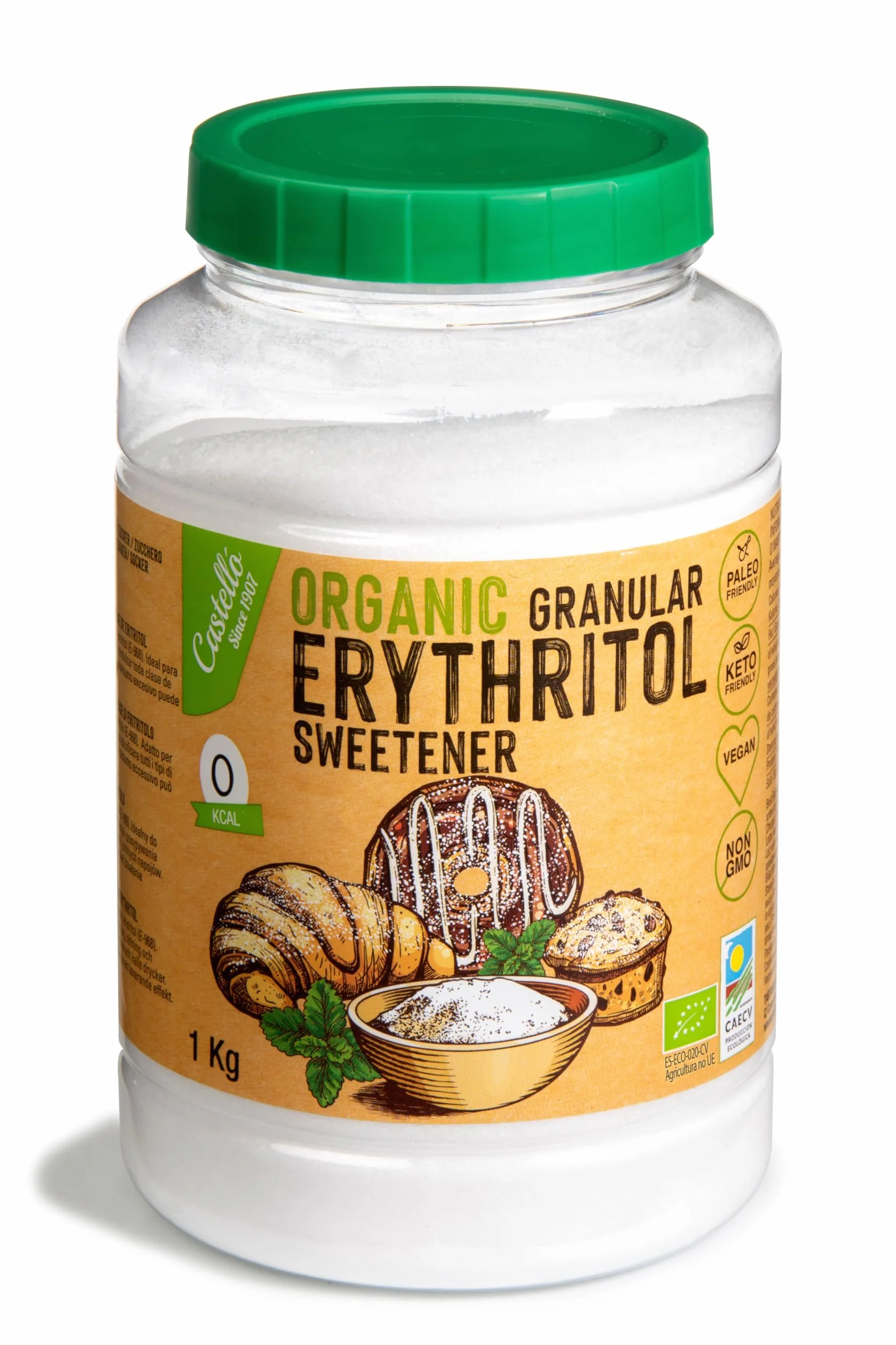 Słodzik z erytrytol Bio Organiczny Ekologiczny | 10g = 7g cukru | Zamiennik cukru - 0 Kalorii - 0 Indeks Glikemiczny - Keto i Paleo - 0 Węglowodanów Netto - Bez GMO - Castello since 1907-1 kg