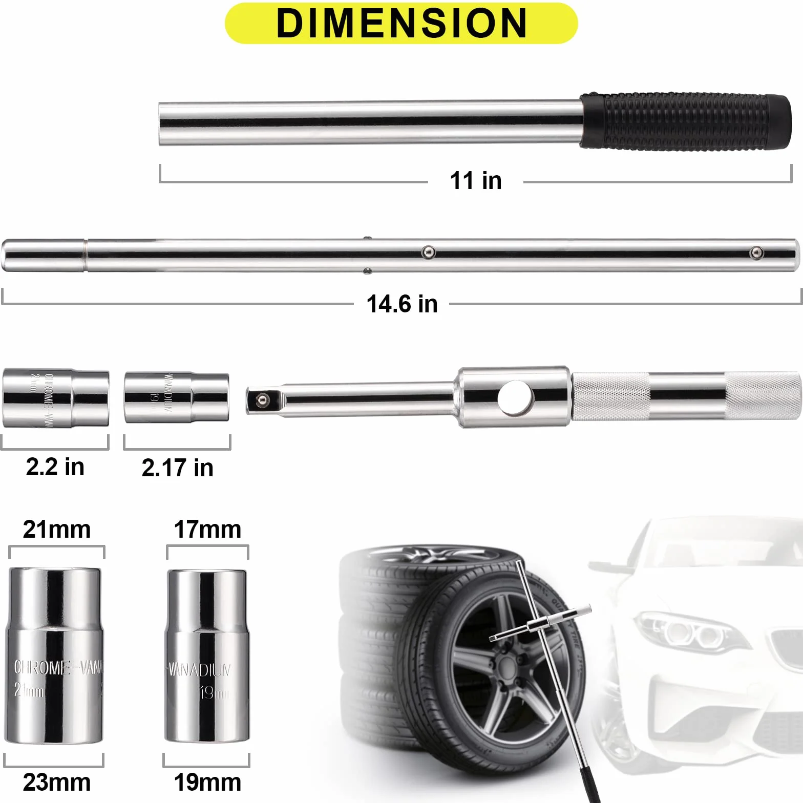 Klucz krzyżowy Cr-V, klucz do kół z gniazdami podwójnymi (4 rozmiary) 17 mm / 19 mm i 21 mm / 23 mm do montażu i demontażu opon samochodowych