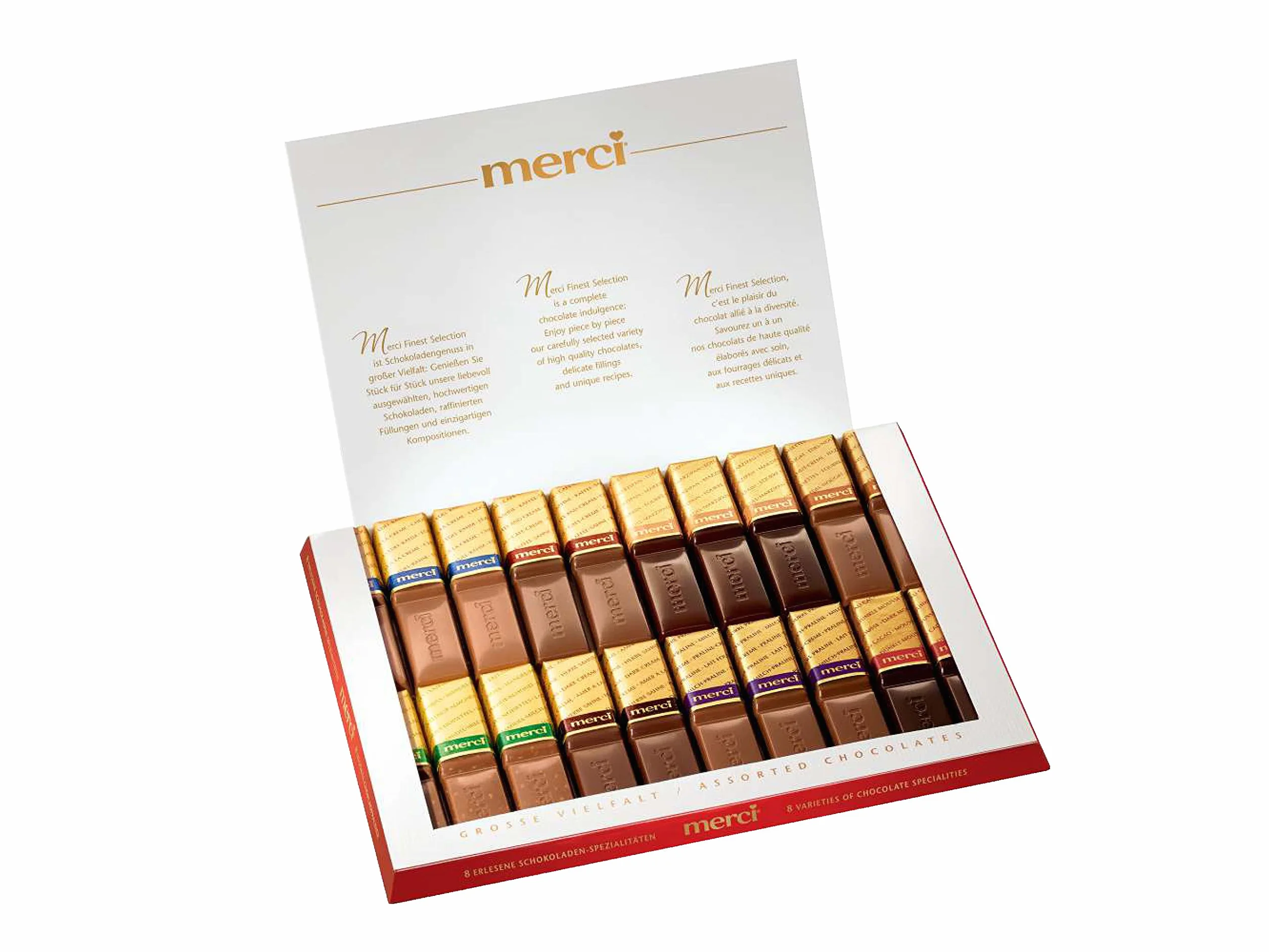 Merci Finest Selection Pudełko czekoladek (1 x 250 g), wiele smaków, idealne do podarowania, 8 specjałów czekoladowych, nadziewane i bez nadzienia, bez glutenu