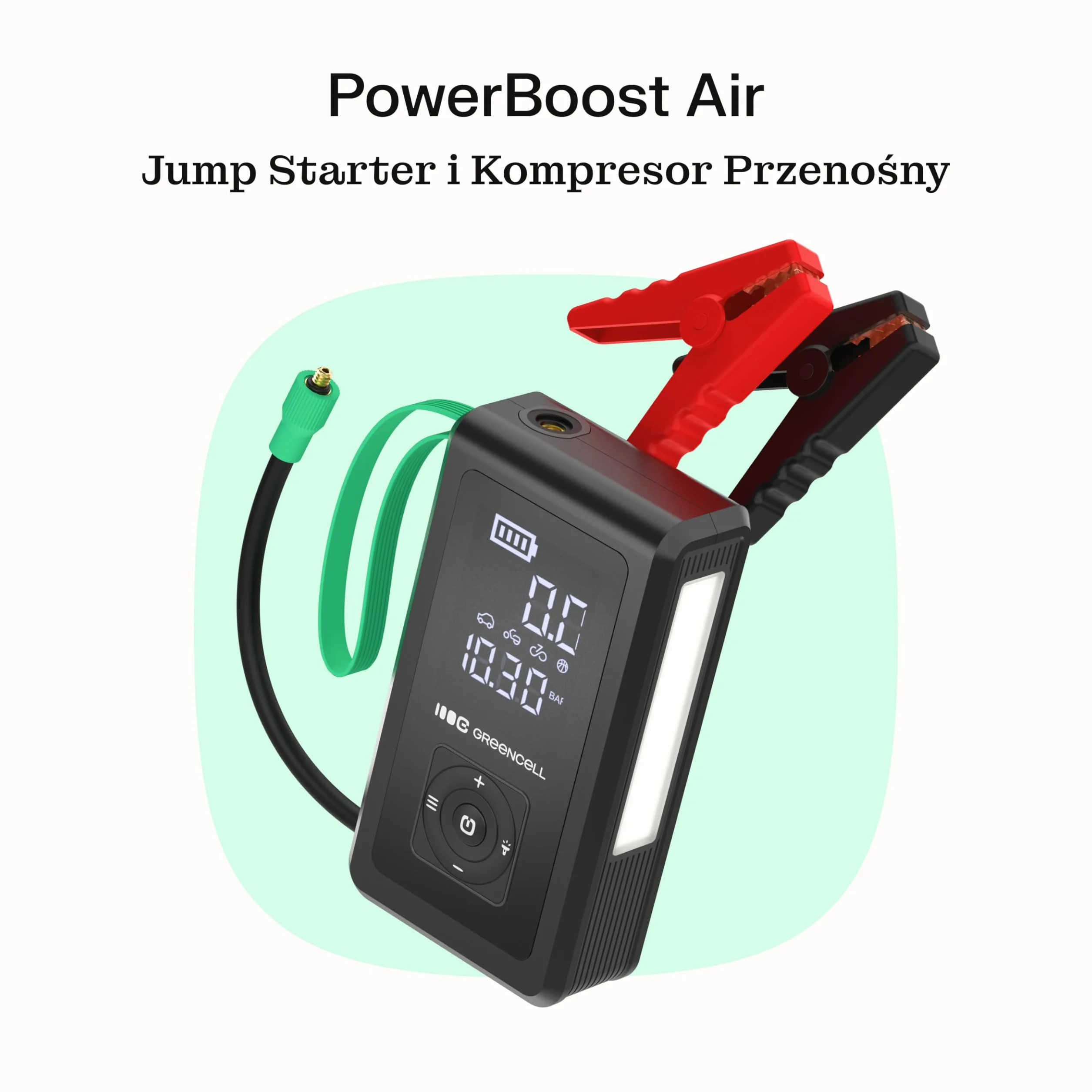 Green Cell PowerBoost Air Power Bank Jump Starter, 1000 A Car Jump Starter Starter, Power Bank z wyświetlaczem, USB-A i USB-C do szybkiego ładowania 8000mAh