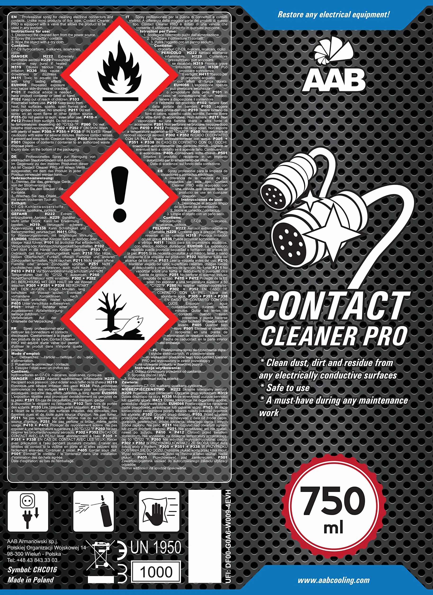 AABCOOLING Contact Cleaner PRO 750ml - Spray do Czyszczenia Styków i Wtyczek Elektrycznych, Czyści Płytki PCB, Środek Antykorozyjny