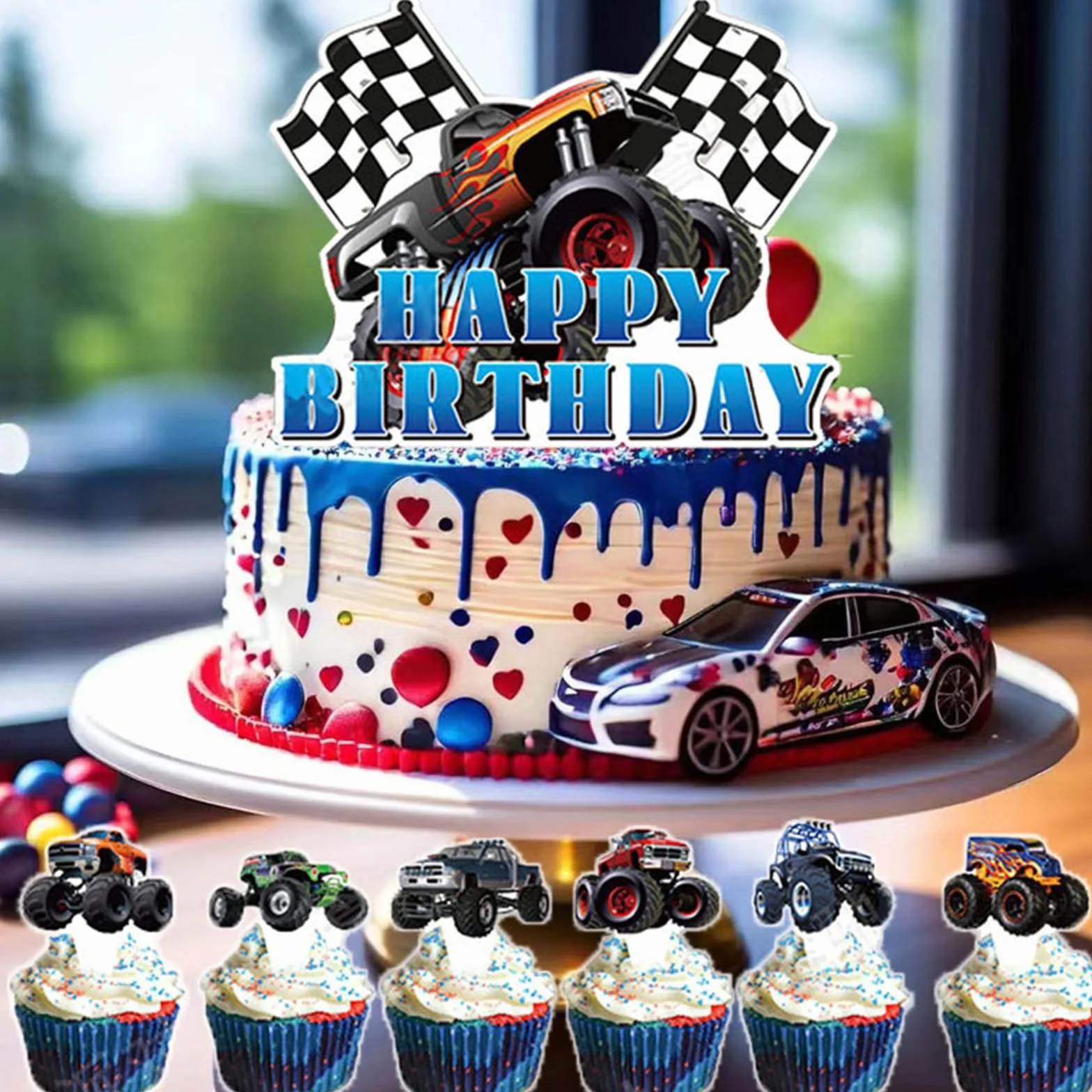 Monster Truck zestaw nakładek na tort – Happy Birthday dla chłopców – dekoracje na muffinki, nakładki na babeczki, akcesoria dla dzieci
