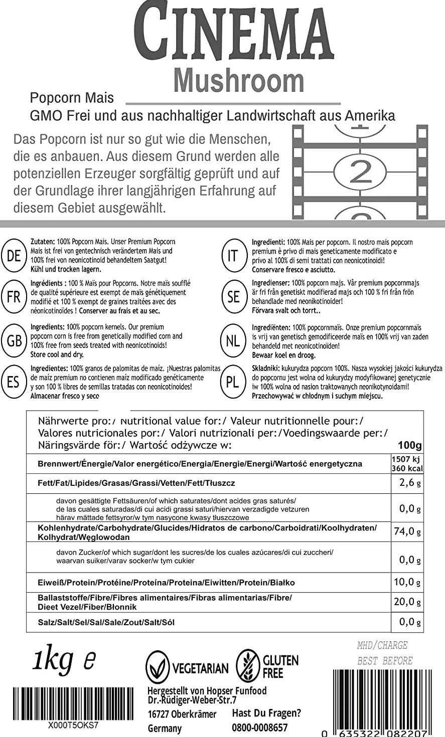 Premium Mushroom Popcorn kinowy 1 kg worek XL współczynnik ekspansji 1:46 bez GMO