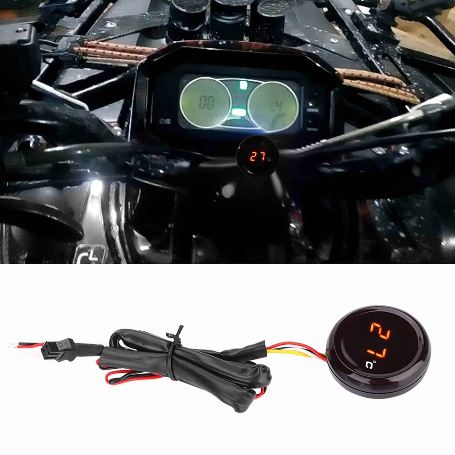 Terisass Motocykl cyfrowy termometr z wyświetlaczem na kierownicę, wodoszczelna widoczność w nocy, wskaźnik temperatury, wyświetlacz LED do motocykli 12 V, wyścigów, skuterów itd. (czerwony)