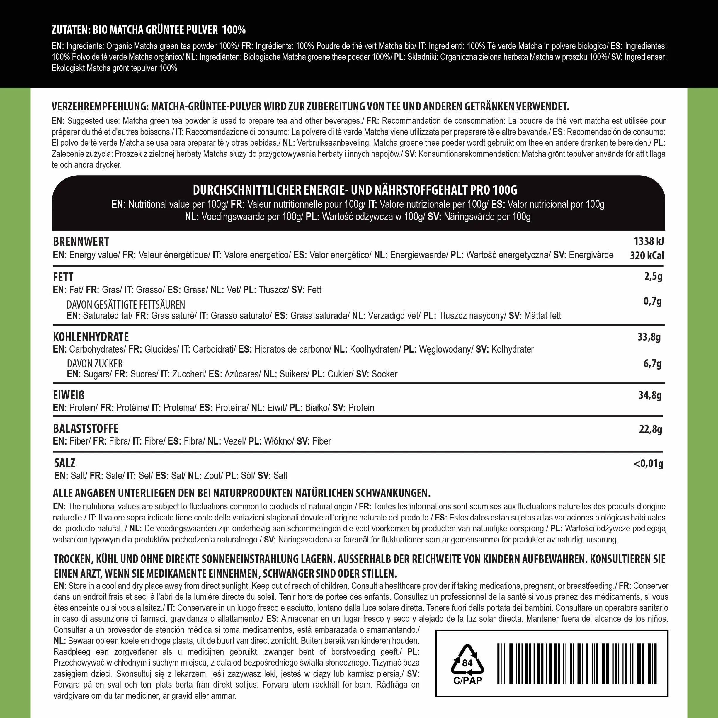Alpi Nature Ekologiczna Matcha w Proszku 100g, Japońska Zielona Herbata Matcha Klasy Premium