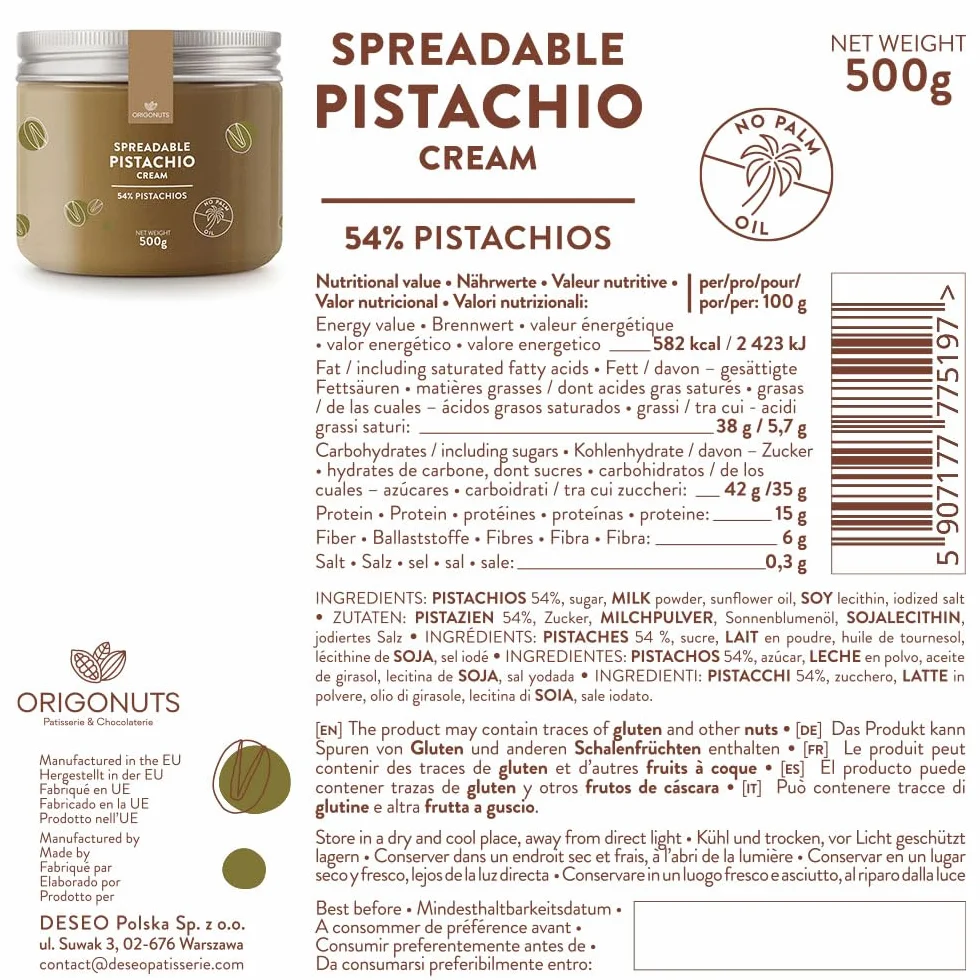 ORIGONUTS Krem Pistacjowy Pasta Pistacjowa 54% pistacji 500g