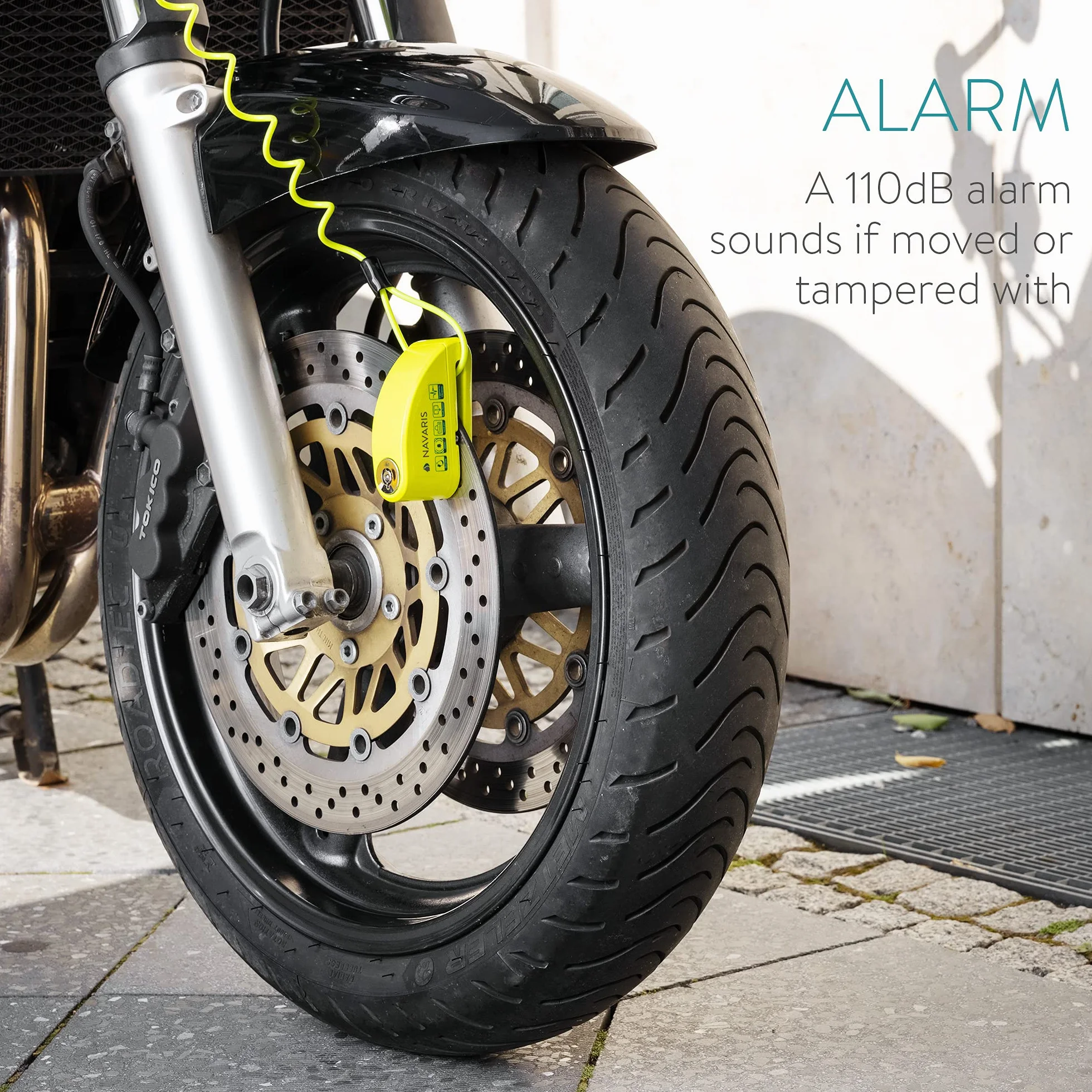 Navaris Blokada tarczy motocyklowej z alarmem, 110 dB, antykradzieżowa, zacisk hamulca motocyklowego, z kablem przypominającym, do motocykla, skutera, motoroweru, zielona