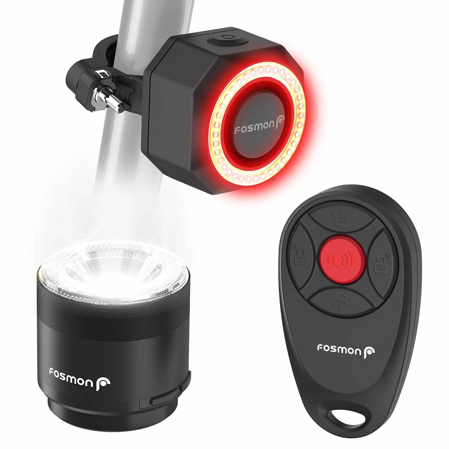 Fosmon System alarmowy do roweru z pilotem 110 dB przednie i tylne światło