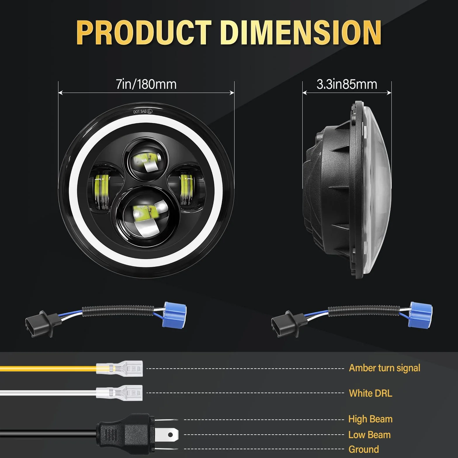 RIGIDON Okrągły reflektor LED 17.8 cm, bursztynowy aureola kierunkowskaz biały DRL światła drogowe/mijania, 4 diody LED 50 W kątowe oczy kompatybilne z Jeep Wrangler JK LJ CJ TJ Dirtbike motocykl