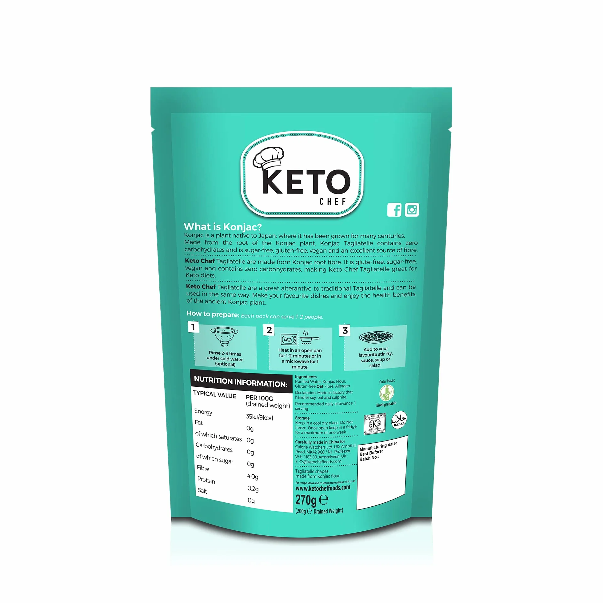 Keto Bezglutenowe Konjac Tagliatelle Wegańskie Bez Cukru Makaron Niskowęglowodanowy Gotowy do Spożycia 270 g