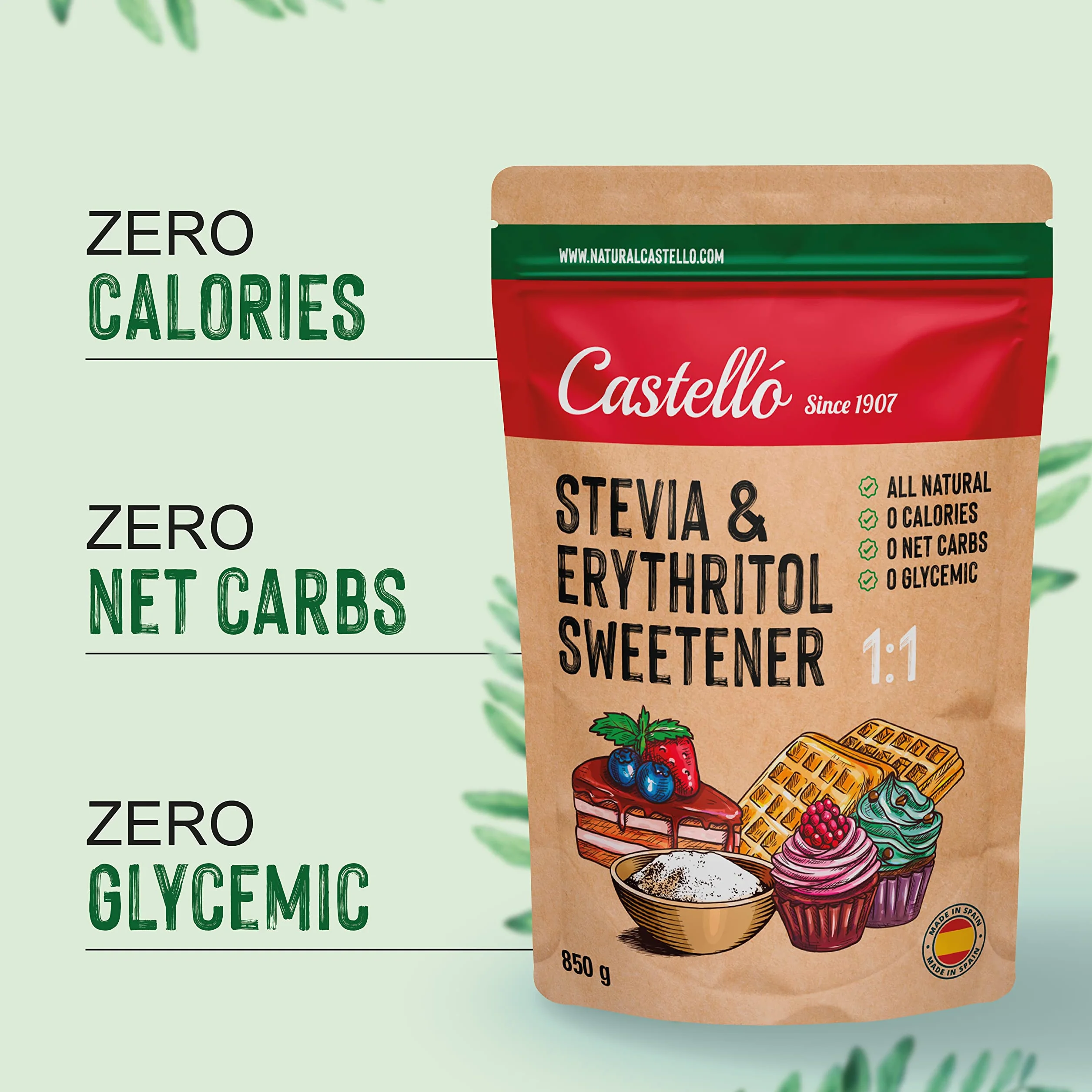 Castello Słodzik Stevia Erytrytol 1:1 850g Naturalny 0 Kalorii 0 Indeks Glikemiczny Keto Paleo Bez GMO