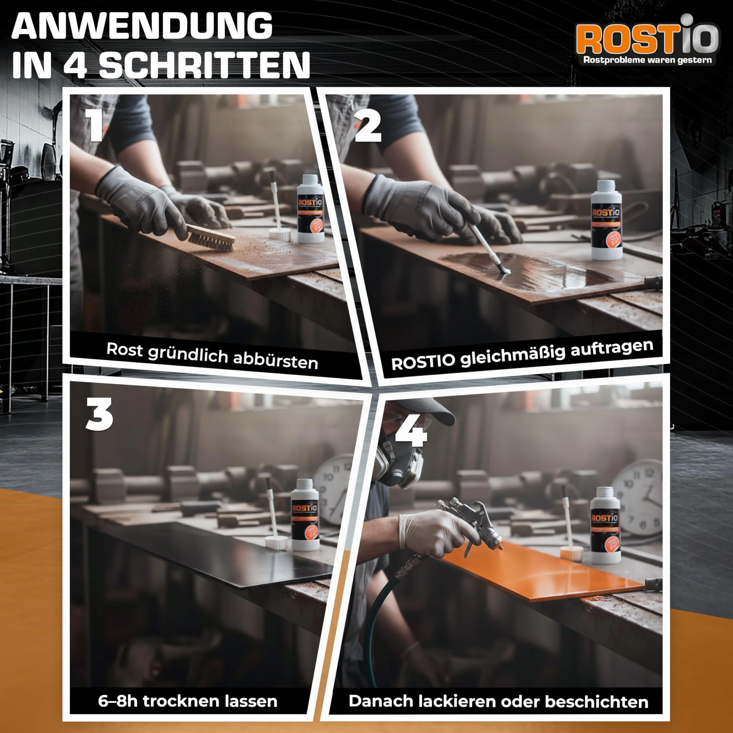 Rostio Odrdzewiacz 100 ml – środek do usuwania rdzy z pędzlem – konwerter rdzy i podkład – do samochodu, stali i żelaza – bez zmywania – nadaje się do lakierowania po 6-8 h – wydajna do 2 m²