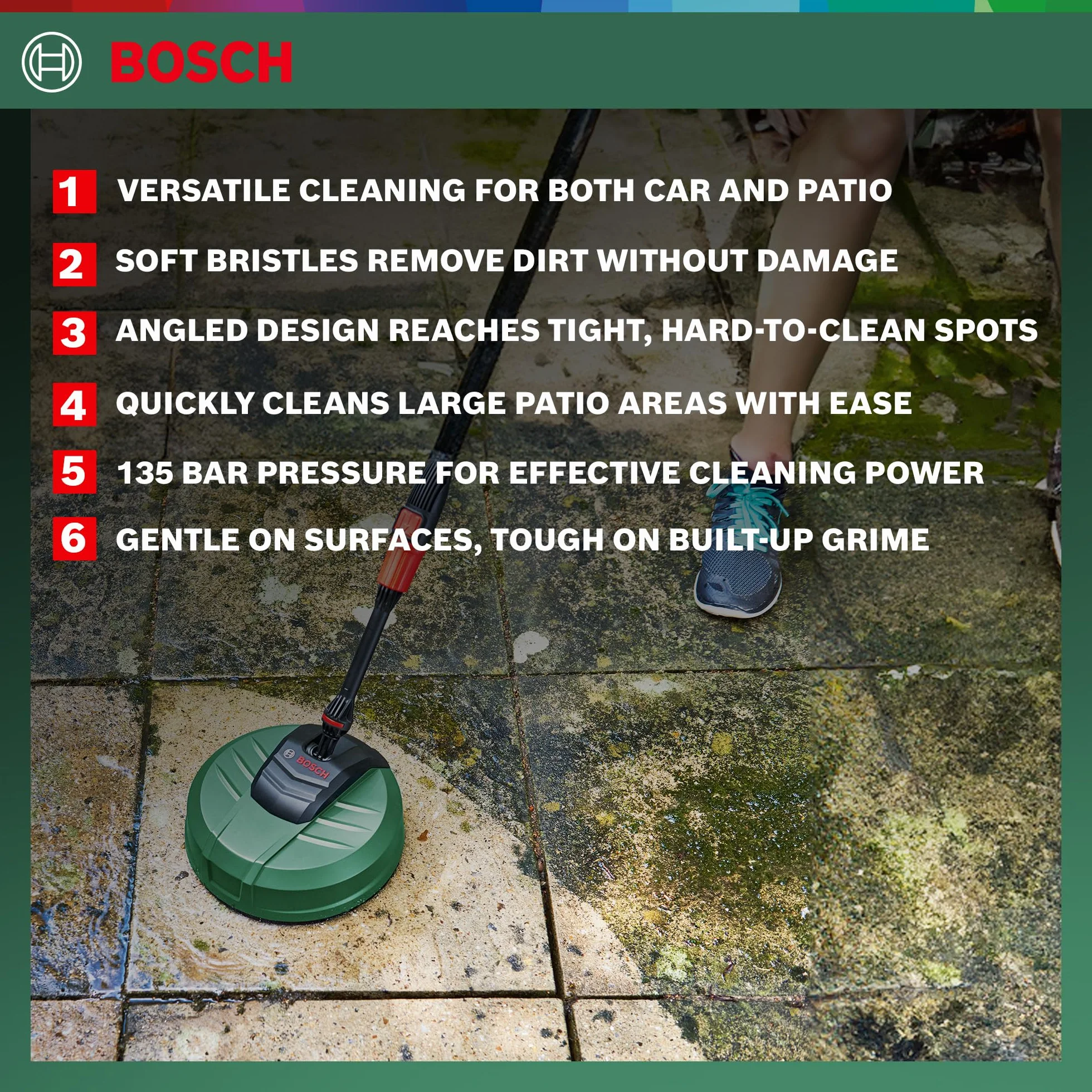 Bosch Home And Garden Zestaw do Czyszczenia Domu i Samochodu pod Ciśnieniem, ze Środkiem do Czyszczenia Tarasów, Szczotką do Mycia i Dyszą 90 Stopni, w Opakowaniu Kartonowym, F016800611
