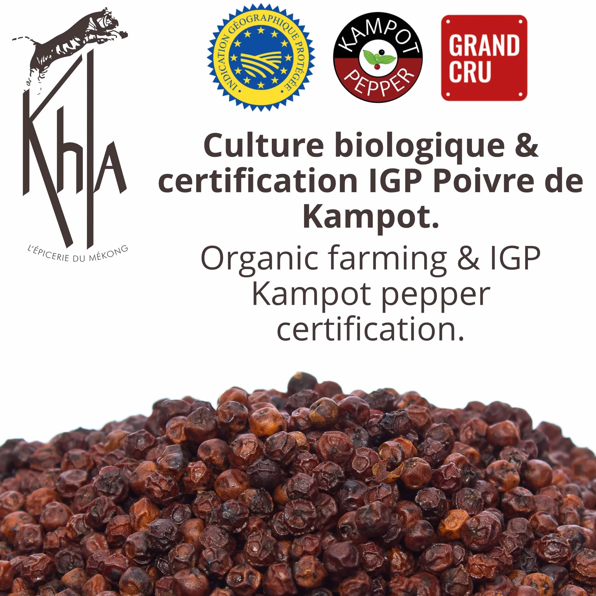 KHLA - Czerwony pieprz kampot Premium GGA - 100 g - ziarna pieprzu w woreczku - z uprawy ekologicznej - tradycyjne opakowanie w liściach palmowych