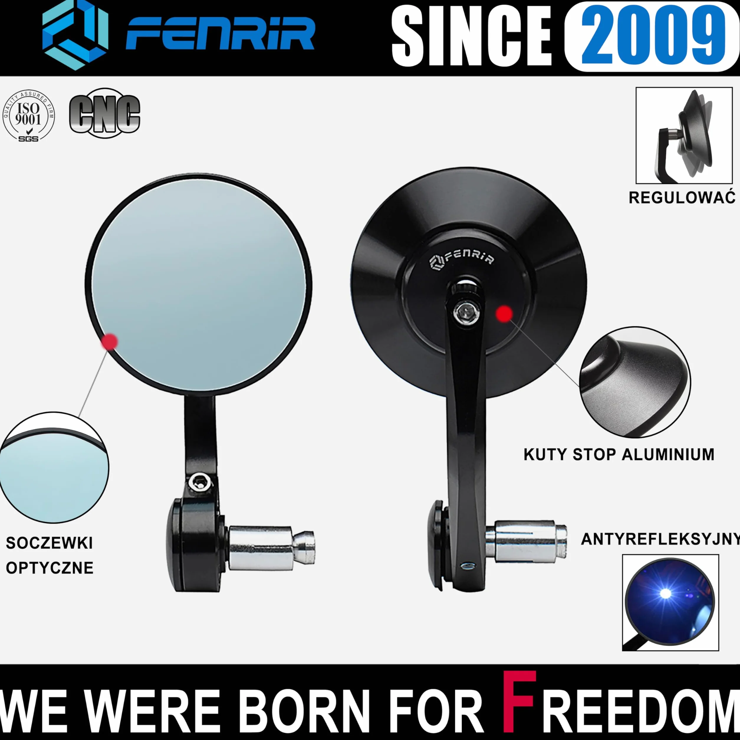 FENRIR Lusterka Kierownicy Motocykla Boczne Czarne CNC Kute ze stopu aluminium Antyodblaskowe 801-0028