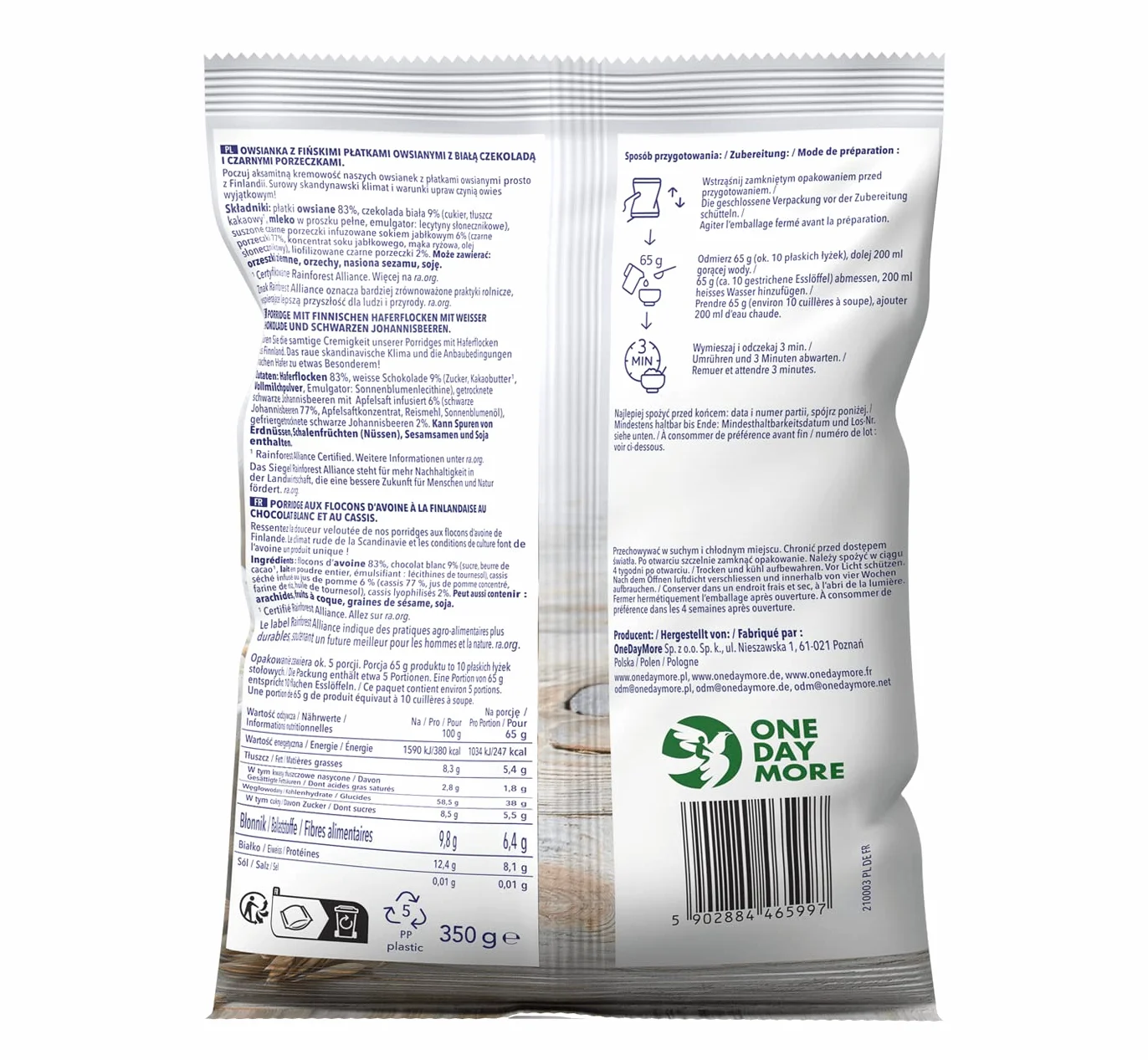 Owsianka Fińska OneDayMore 350g (Owsianka z białą czekoladą i porzeczkami)