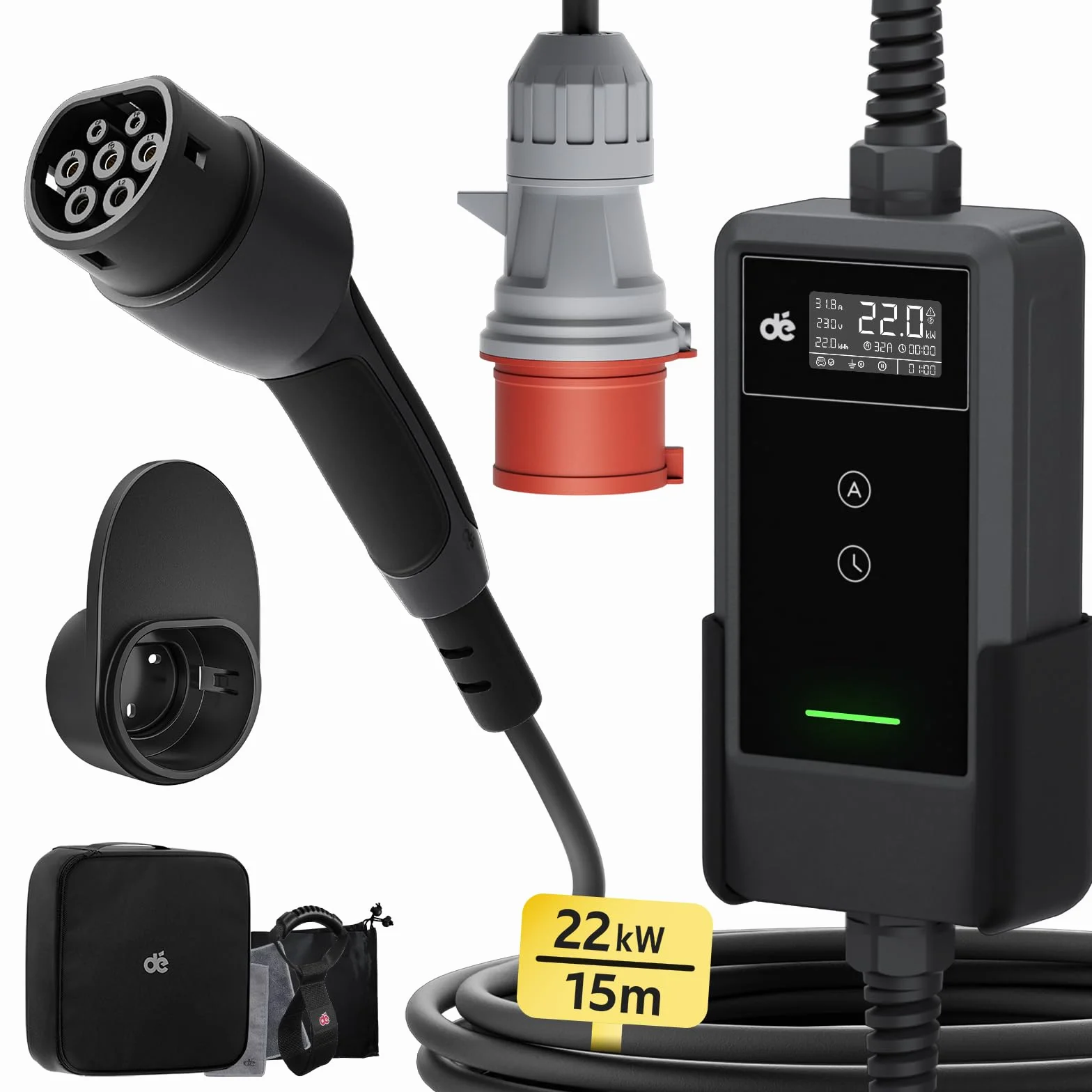dé Ładowarka Mobilna 22kW, z Aplikacją [3-Fazowa, 15m, 6-32A] z Licznikiem Prądu, Kablem do Ładowania CEE 32A na Typu 2 i Ładowarką EV do modeli Y, E-208, 500e i innych EV/PHEV