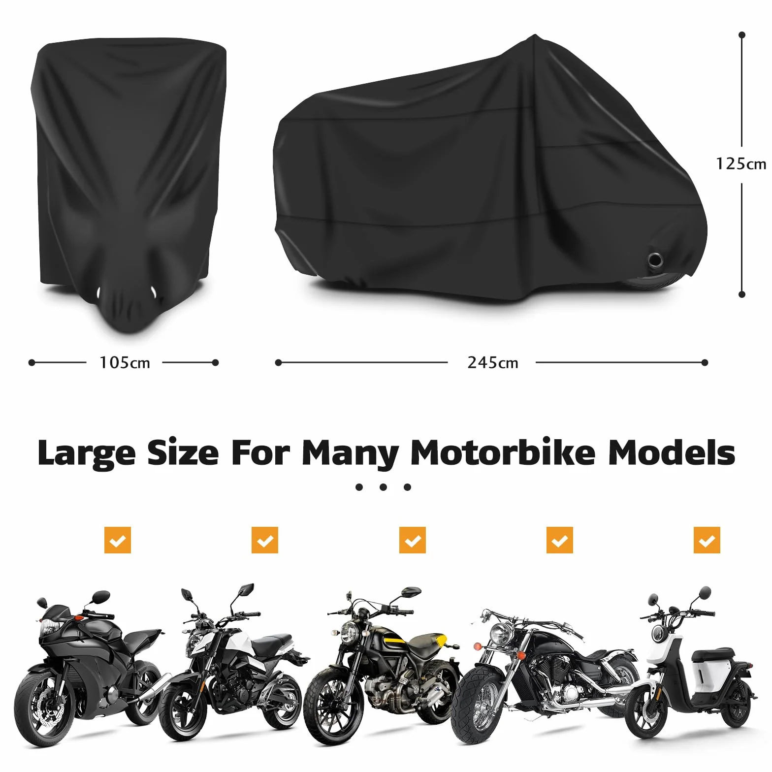 Brencco Plandeka motocyklowa, wodoodporna i odporna na promieniowanie UV plandeka zewnętrzna, pokrowiec na motocykl wykonany z poliestru 210D, 245 * 105 * 125 cm