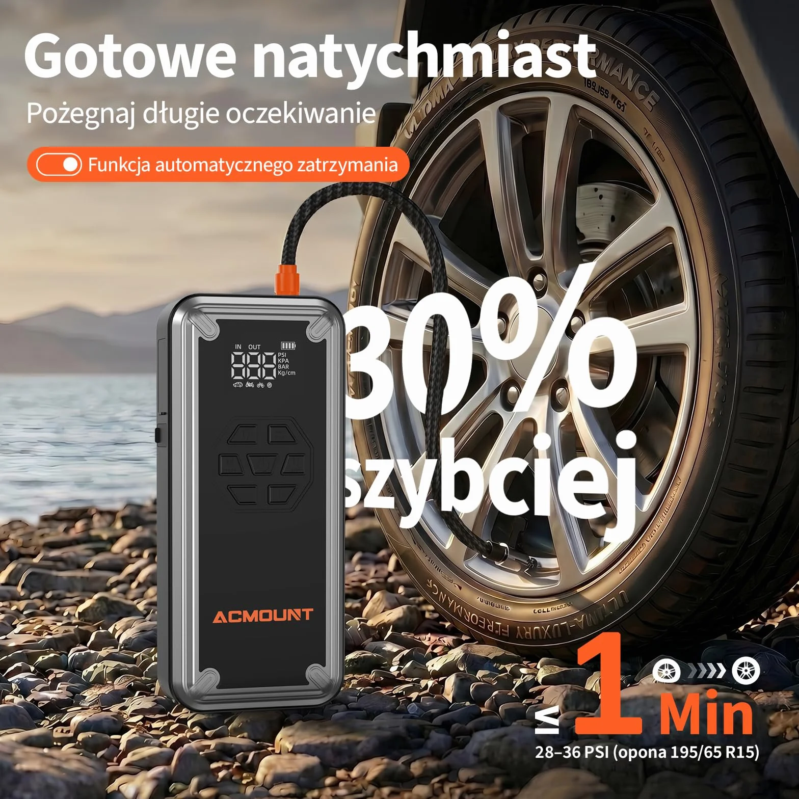 ACMOUNT Booster rozrusznik samochodowy 7000 A, 23800 mAh 150 PSI rozrusznik akumulatora samochodowego ze sprężarką, przenośny start akumulatora 12 V do szybkiego ładowania 18 W, LED i LCD do benzyny