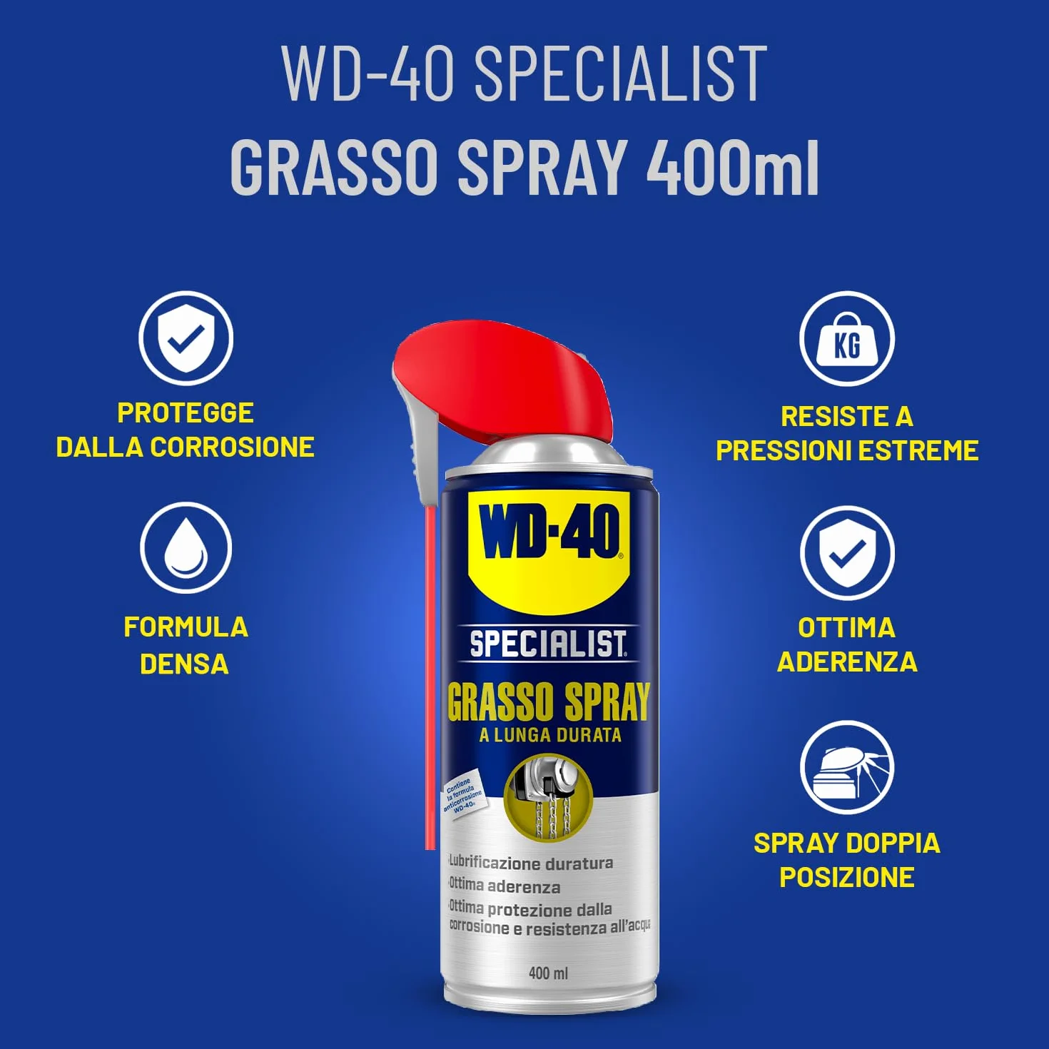 WD-40 - Specjalista – smar w sprayu – długotrwały środek smarny – optymalna przyczepność i szczelność – wysoka odporność na wodę, korozję i temperaturę (-20°C do +115°C) – do wszystkich metali – 400